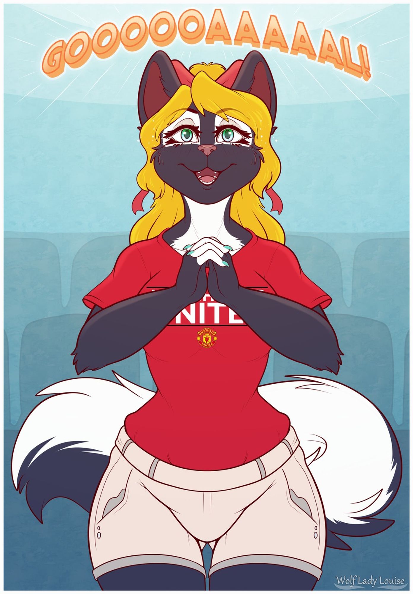 Wendy Trevelyan: a striped skunk of Welsh heritage. As she's a fan of the Premier League team Manchester United, she sports one of her MU shirts while in the stands of Old Trafford cheering on as they score a goal.

Artwork by Wolf Lady Louise