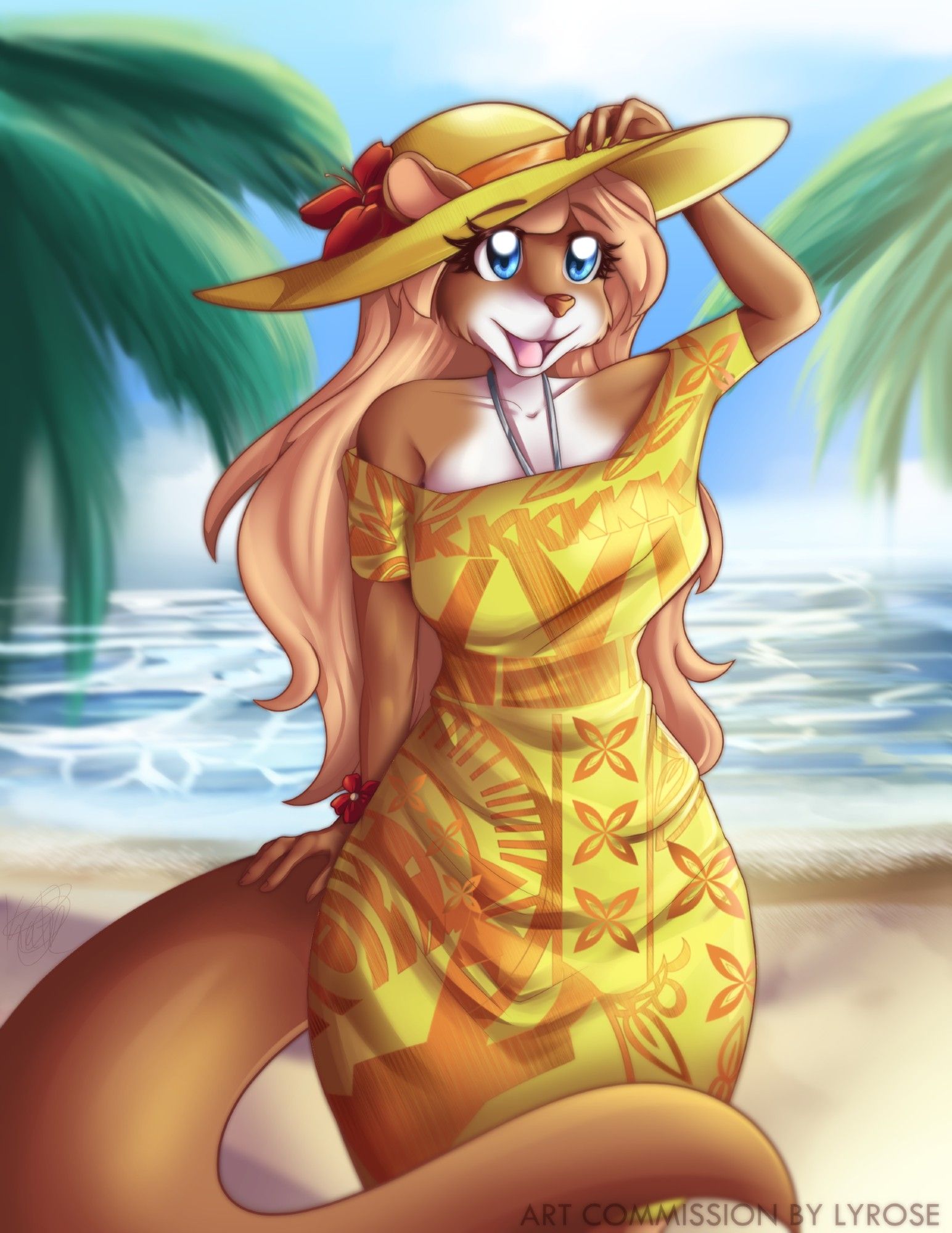 Aiya Ottar'a: a North American River Otter of American Samoan and Native Hawaiian ethnicities. Here she sports a Samoan style dress and is standing on a beach in American Samoa.

Artwork by Lyrose