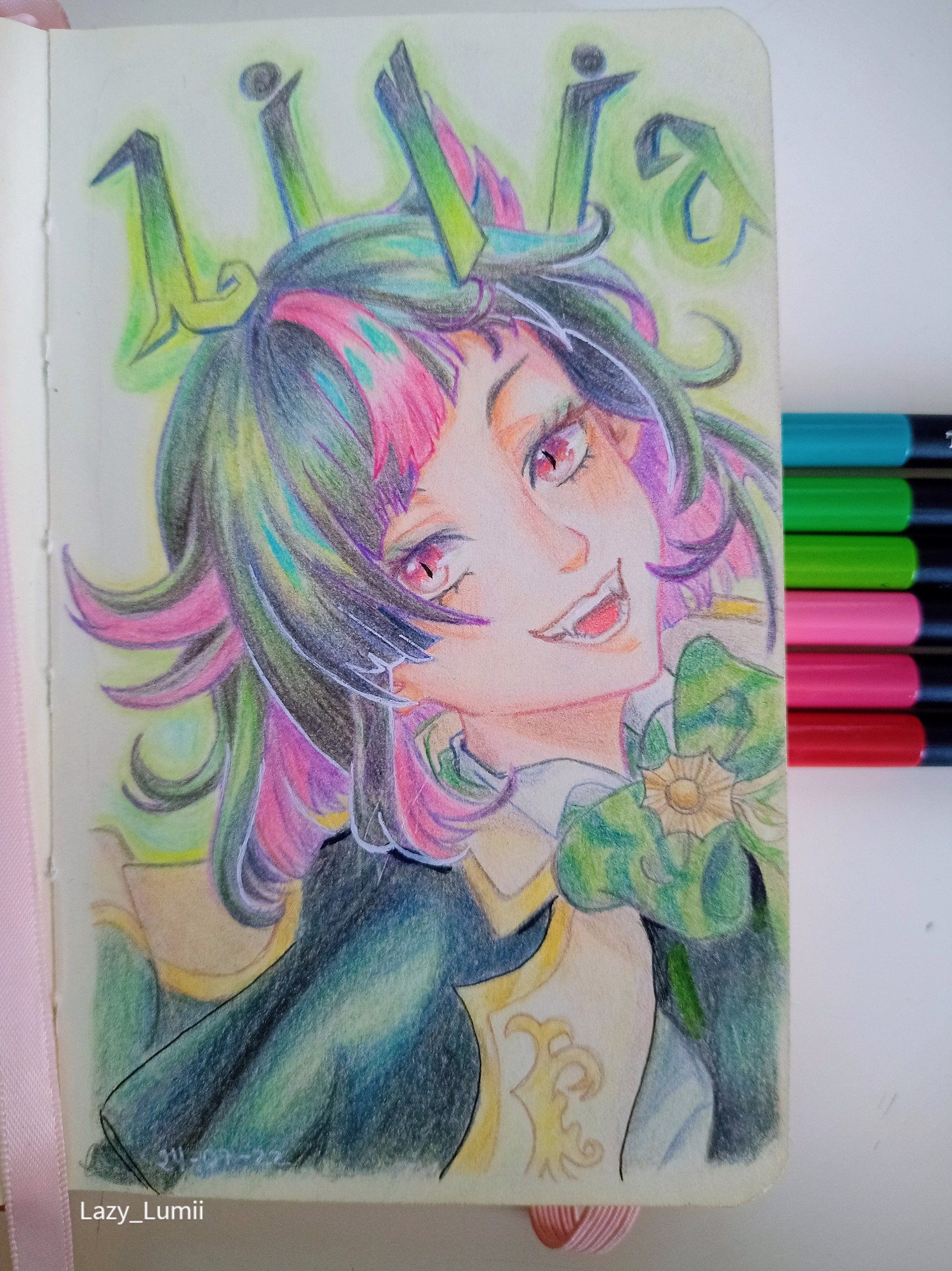 Illustration of Lilia from Twisted wonderland in traditional, with color pencils.