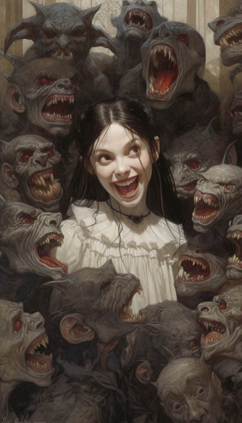 A crazily laughing young woman in a white dress surrounded by monsters with hound like faces and huge fangs.