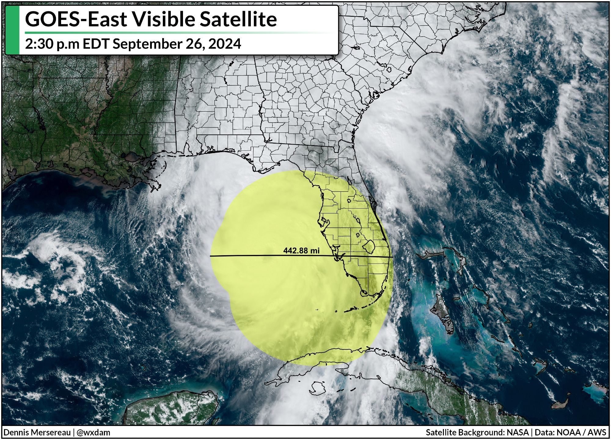 A satellite image of Hurricane Helene with the storm's wind field superimposed over the image.