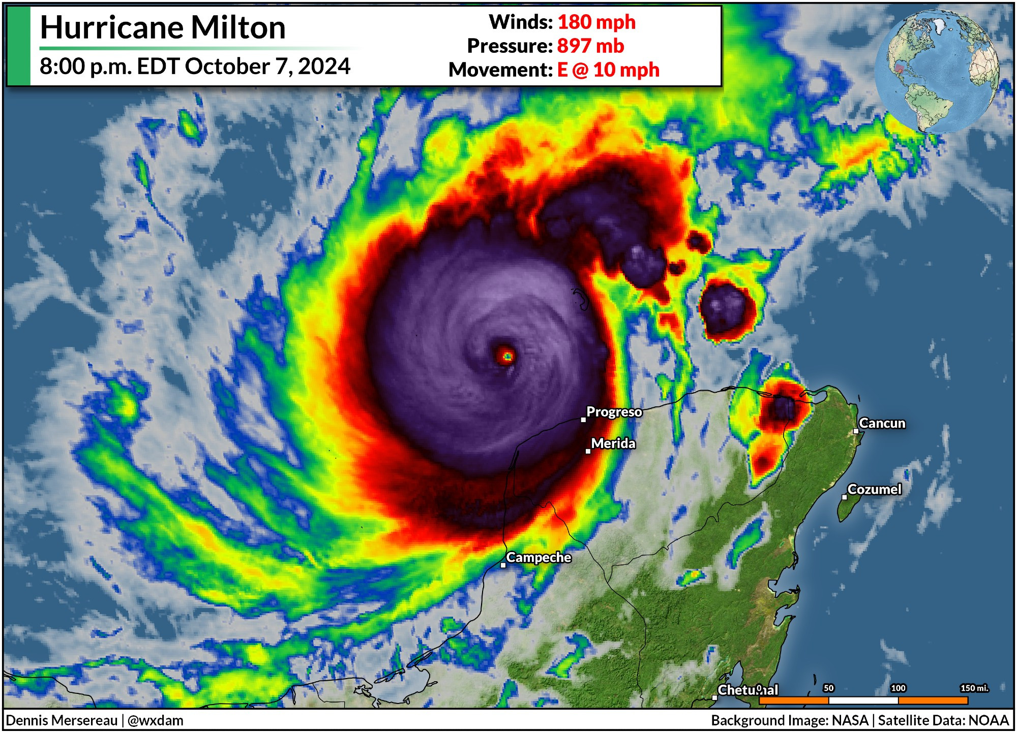 An infrared satellite image of Hurricane Milton at 8pm on October 7, 2024.