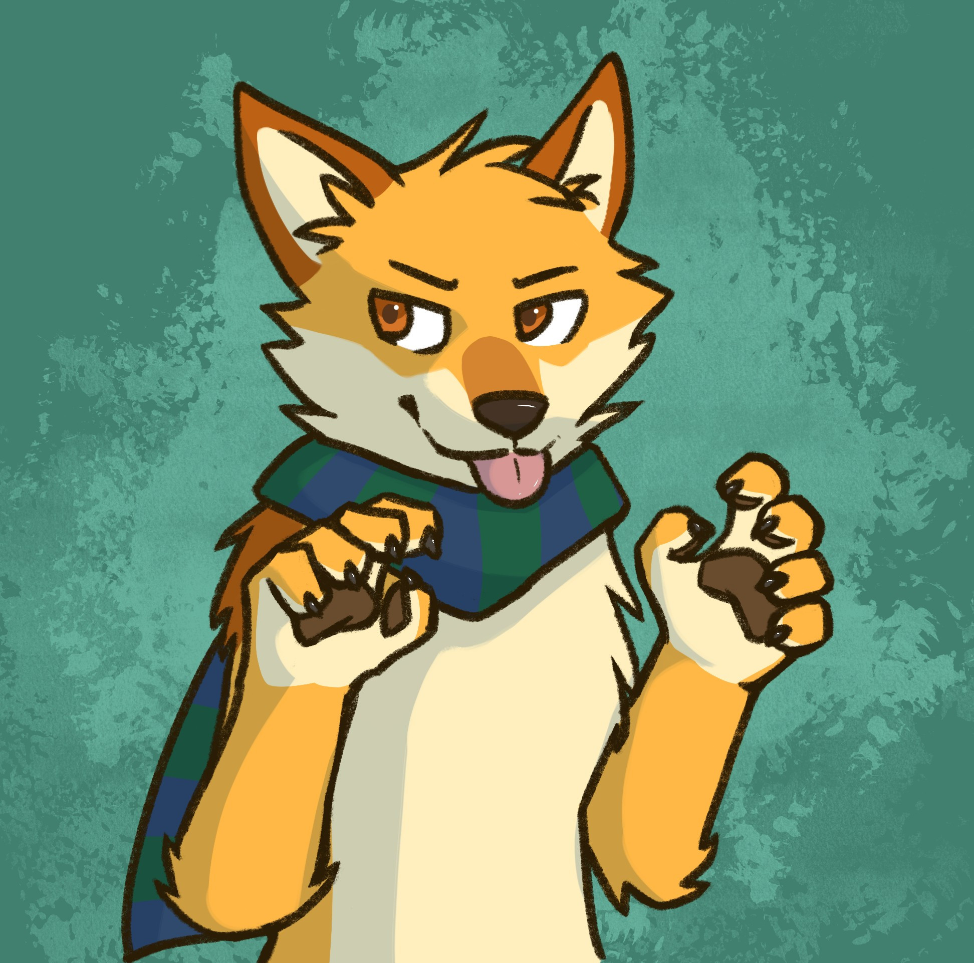 A drawing of a sneaky looking yellow dingo-fox with his paws raised showing his beans