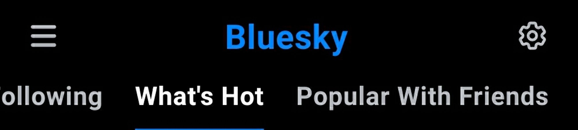 Top of Bluesky home screen with cog icon in top left.