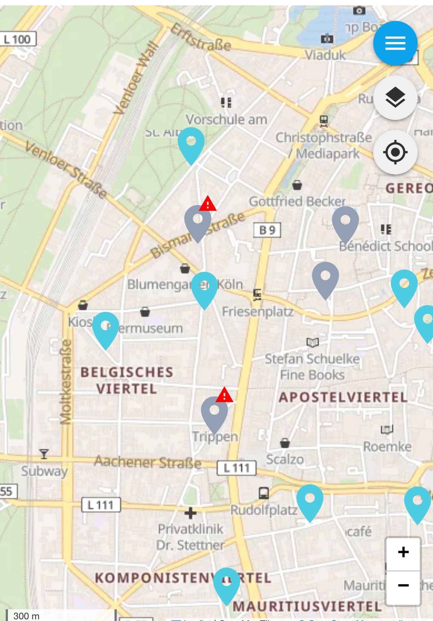 Ausschnitt des Stadtplans von Köln-Neustadt mit Angabe von Ladestationen für E-Autos.