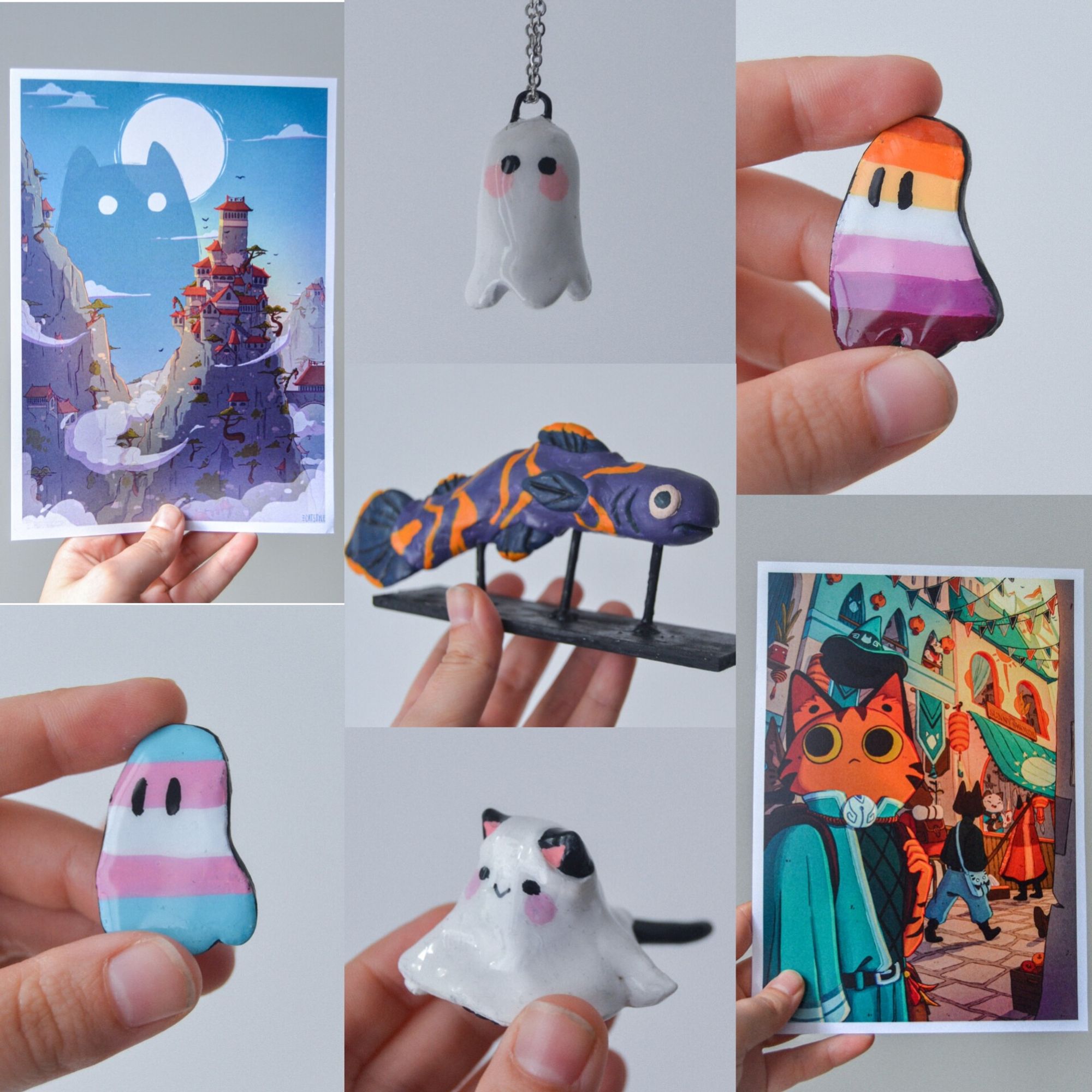 Collage of various pictures of merch: prints, handmade LGBTQ+ ghost pins, handmade ghost necklace, purple fish sculpture and ghost cat sculpture