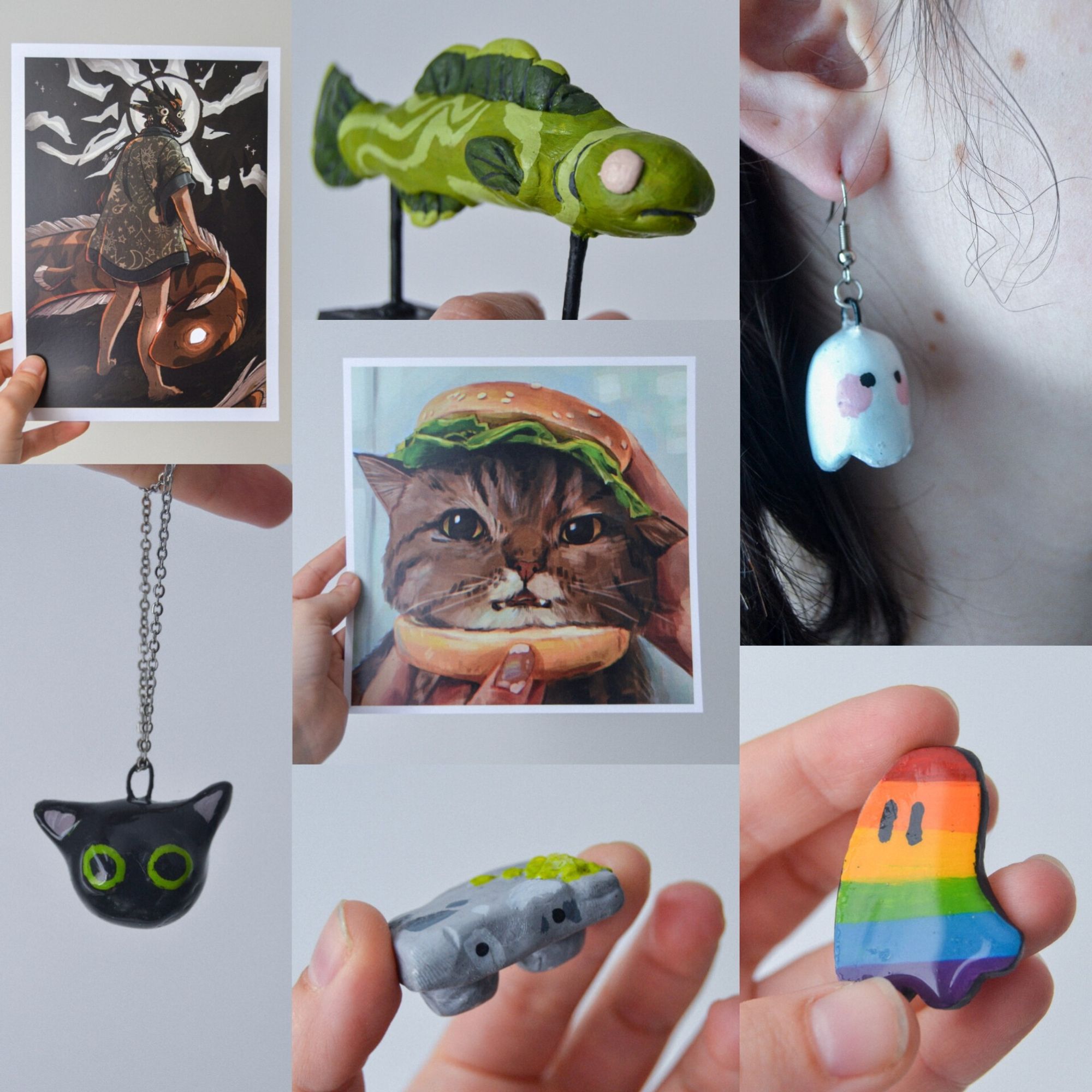 Collage of various pictures of merch: prints, handmade LGBTQ+ ghost pins, cat head necklace, stone sculpture with eyes and ghost earrings