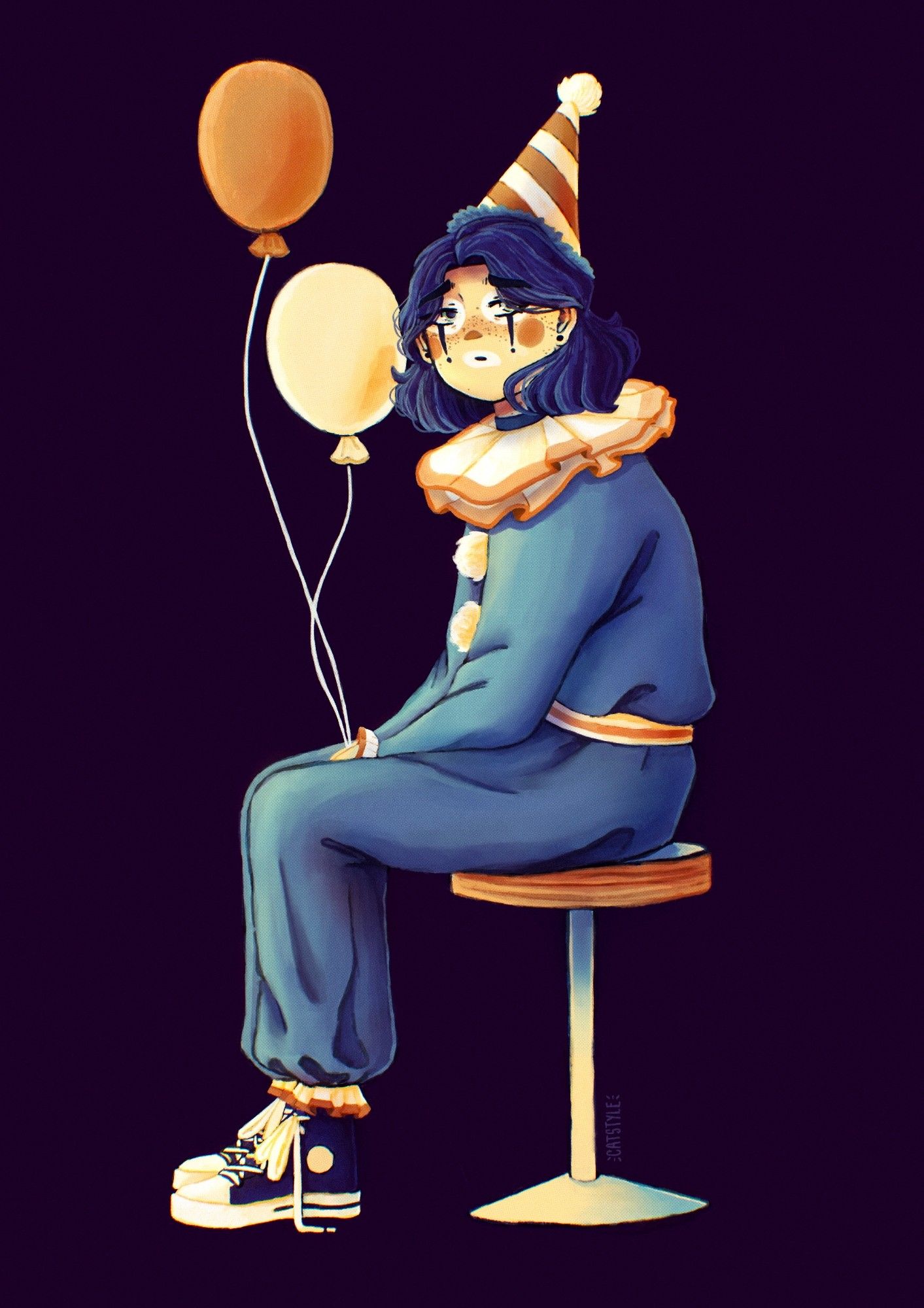 Illustration of me as a sad/bored clown with little balloons