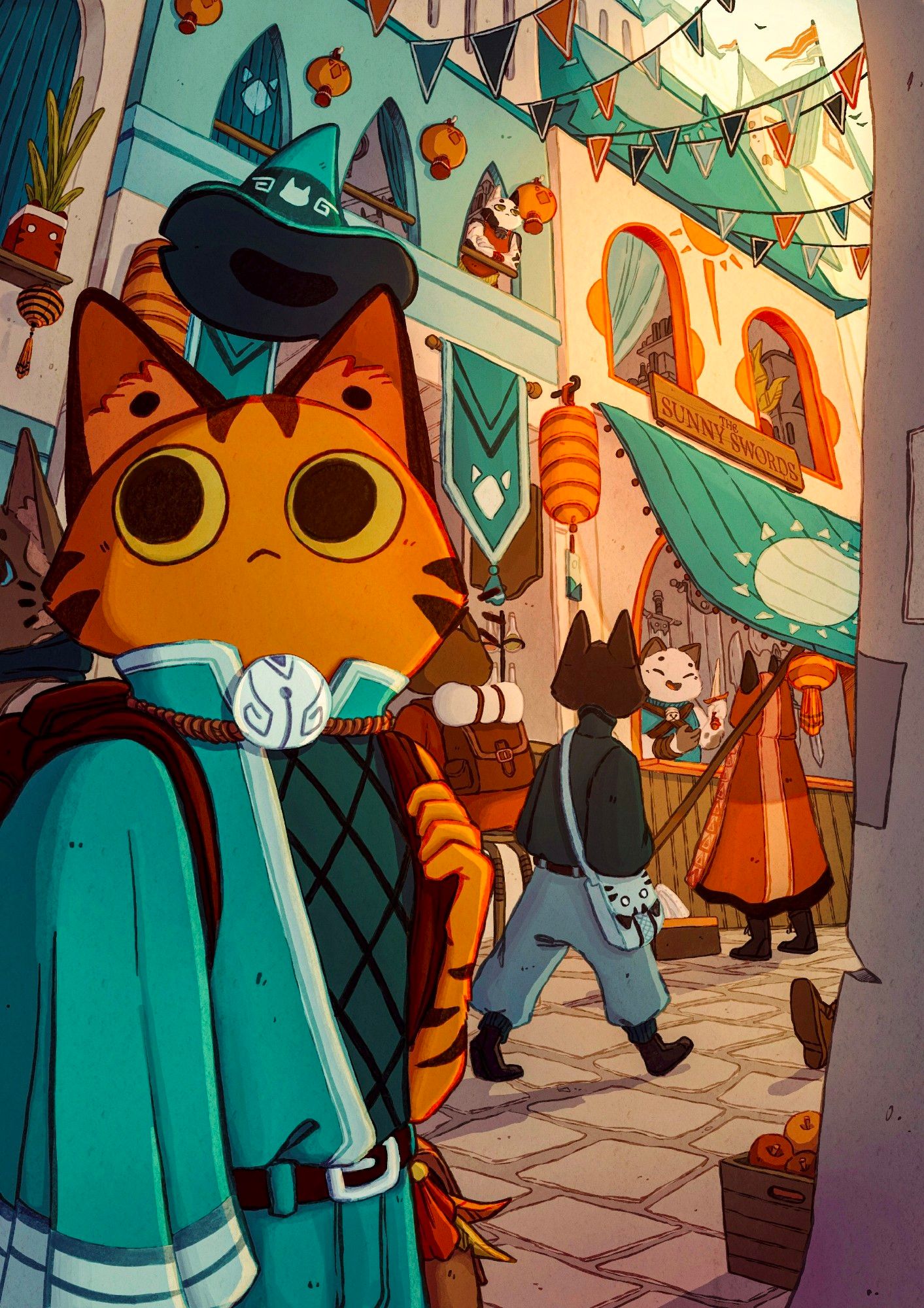 A humanoid cat seems lost in a market in a cat-themed fantasy city