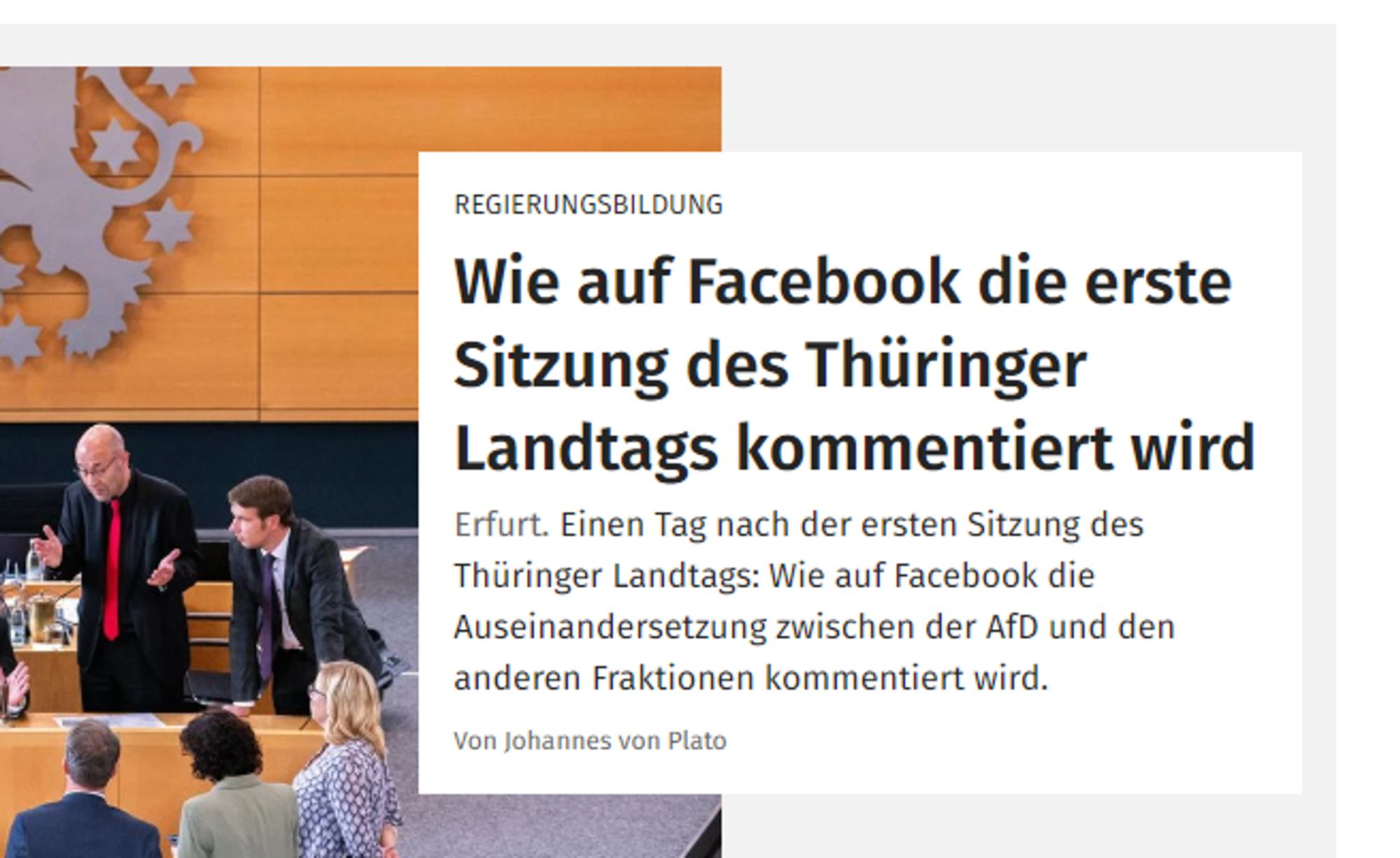 Screenshot Überschrift "Wie auf Facebook die erste Sitzung des Thüringer Landtags kommentiert wird" zu einem Artikel von Johannes von Plato.