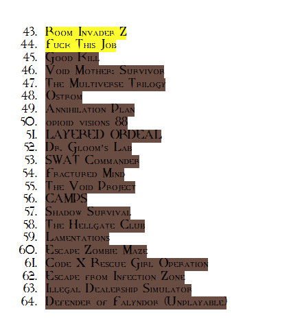     43. Room Invader Z
    44. Fuck This Job
    45. Good Kill
    46. Void Mother: Survivor
    47. The Multiverse Trilogy
    48. Ostrom
    49. Annihilation Plan
    50. opioid visions 88
    51. LAYERED ORDEAL
    52. Dr. Gloom’s Lab
    53. SWAT Commander
    54. Fractured Mind
    55. The Void Project
    56. CAMPS
    57. Shadow Survival
    58. The Hellgate Club
    59. Lamentations
    60. Escape Zombie Maze
    61. Code X Rescue Girl Operation
    62. Escape from Infection Zone
    63. Illegal Dealership Simulator
    64. Defender of Falyndor (Unplayable)