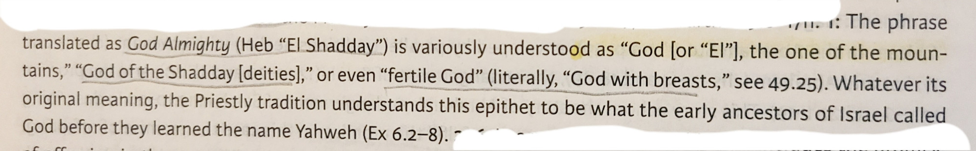 
The phrase translated as God Almighty ([Hebrew of the consonantal Masoretic Text] "El Shadday") is variously understood as "God [or "El"], the one of the moun- tains," "God of the Shadday [deities]," or even "fertile God" (literally, "God with breasts,"...). Whatever its original meaning, the Priestly tradition understands this epithet to be what the early ancestors of Israel called God before they learned the name Yahweh (Ex 6.2-8).