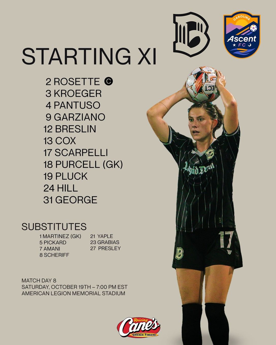 STARTING XI
2 ROSETTE ©
3 KROEGER
4 PANTUSO
9 GARZIANO
12 BRESLIN
13 COX
17 SCARPELLI
18 PURCELL (GK)
19 PLUCK
24 HILL
31 GEORGE

SUBSTITUTES
1 MARTINEZ (GK)
5 PICKARD
7 AMANI
8 SCHERIFF
21 YAPLE
23 GRABIAS
27 PRESLEY


MATCH DAY 8
SATURDAY, OCTOBER 19TH - 7:00 PM EST
AMERICAN LEGION MEMORIAL STADIUM