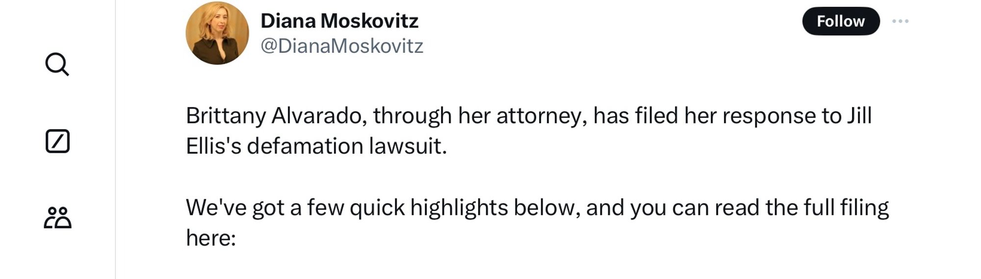 @DianaMoskovitz

Brittany Alvarado, through her attorney, has filed her response to Jill Ellis's defamation lawsuit.

We've got a few quick highlights below, and you can read the full filing here:

www.documentcloud.org/documents/25200908-brittany-alavrado-motion-to-strike