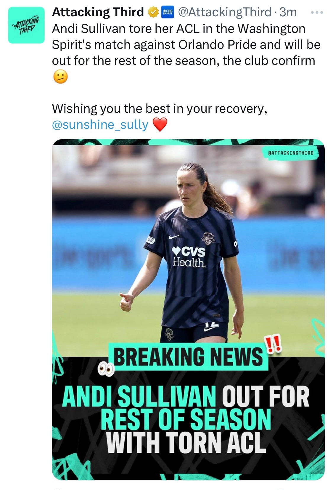 @AttackingThird

Andi Sullivan tore her ACL in the Washington Spirit's match against Orlando Pride and will be out for the rest of the season, the club confirm 🫤

Wishing you the best in your recovery, @sunshine_sully


@ATTACKINGTHIRD

👀 BREAKING NEWS‼️

ANDI SULLIVAN OUT FOR REST OF SEASON WITH TORN ACL