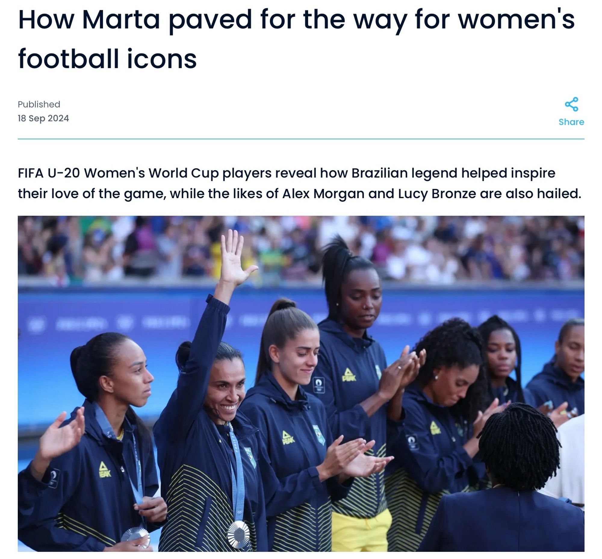 Headline:
How Marta paved for the way for women's football icons

Image: Marta amongst countrymen at Olympics after medal ceremony, waving