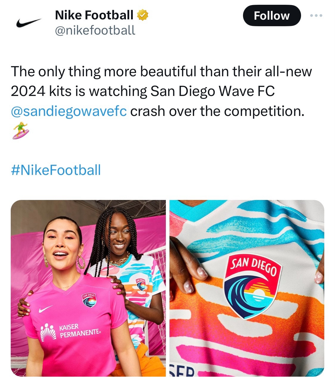 @nikefootball

The only thing more beautiful than their all-new 2024 kits is watching San Diego Wave FC @sandiegowavefc crash over the competition.
🏄‍♀️

#NikeFootball