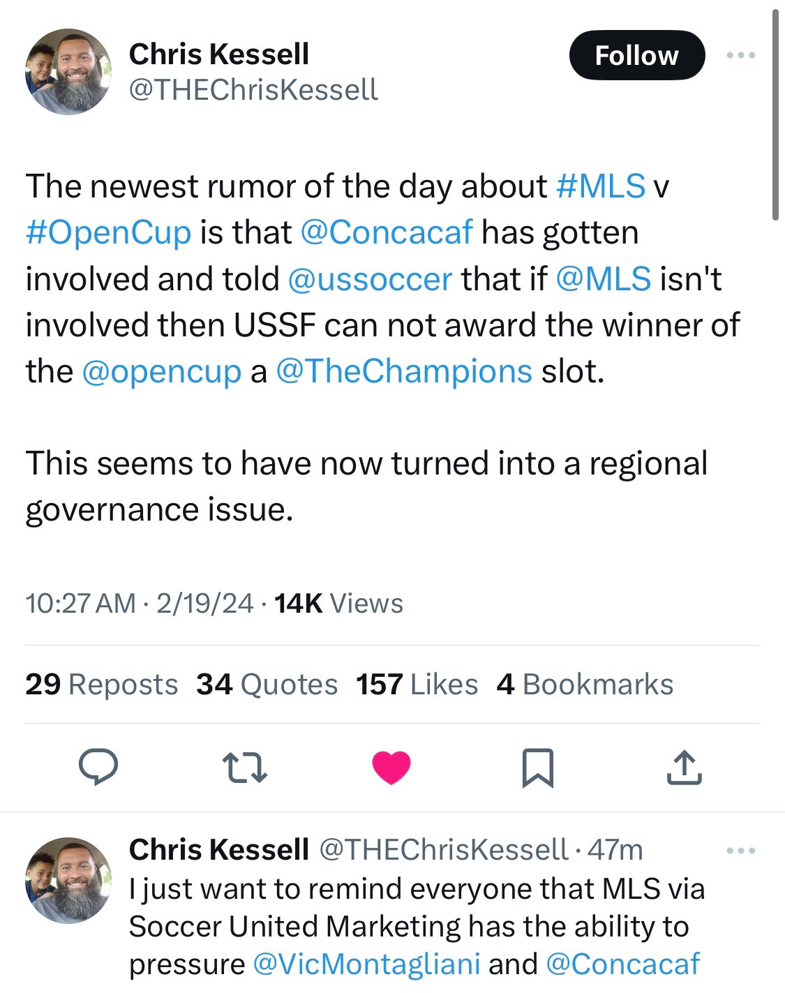 @THEChrisKessell

The newest rumor of the day about #MLS v #OpenCup is that @Concacaf has gotten involved and told @ussoccer that if @MLS isn't involved then USSF can not award the winner of the @opencup a @TheChampions slot.

This seems to have now turned into a regional governance issue.


Chris Kessell @THEChrisKessell 

I just want to remind everyone that MLS via Soccer United Marketing has the ability to pressure @VicMontagliani and @Concacaf