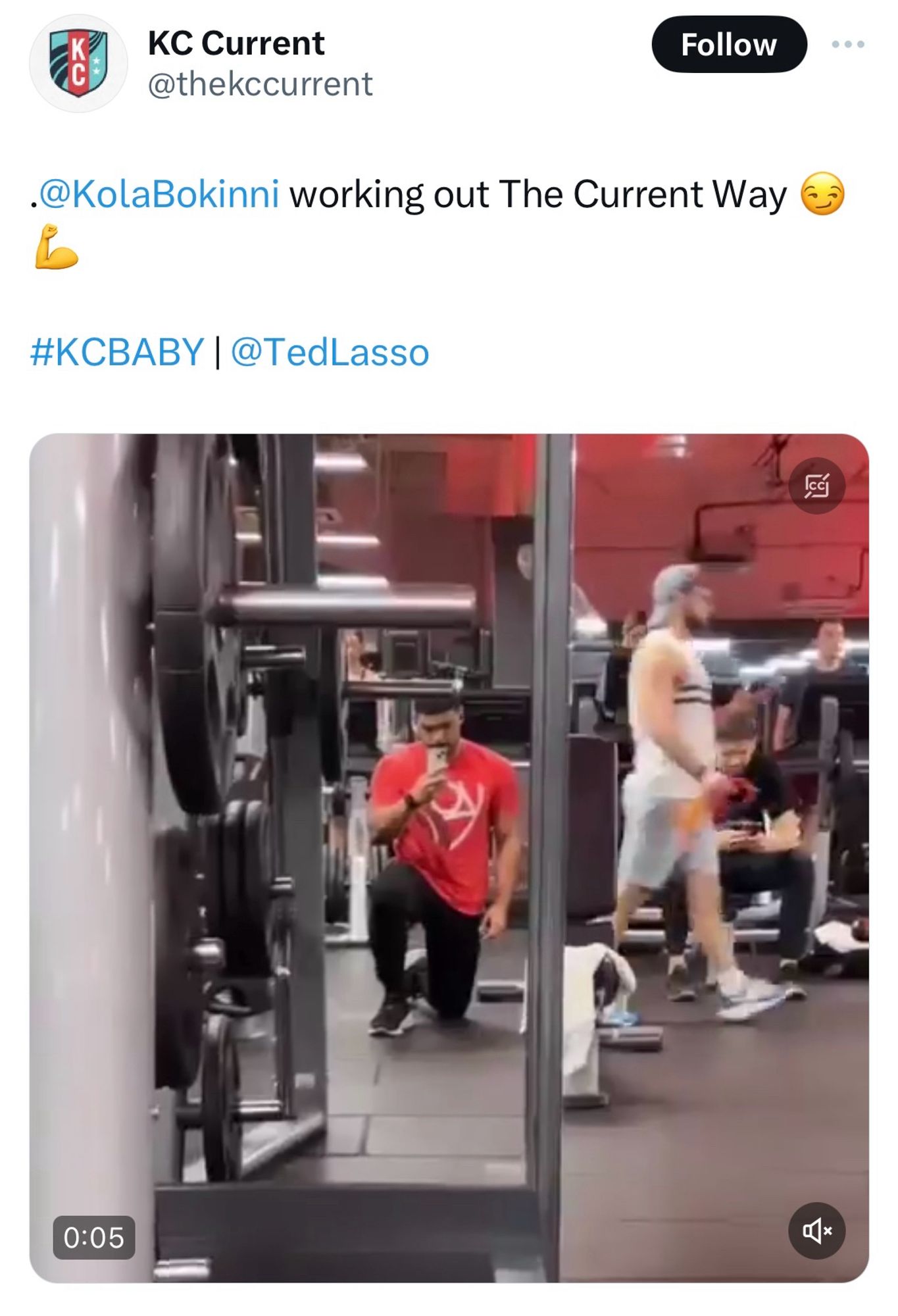 KC Current @thekccurrent

@KolaBokinni working out The Current Way 😏

#KCBABY | @TedLasso

Image - still full video