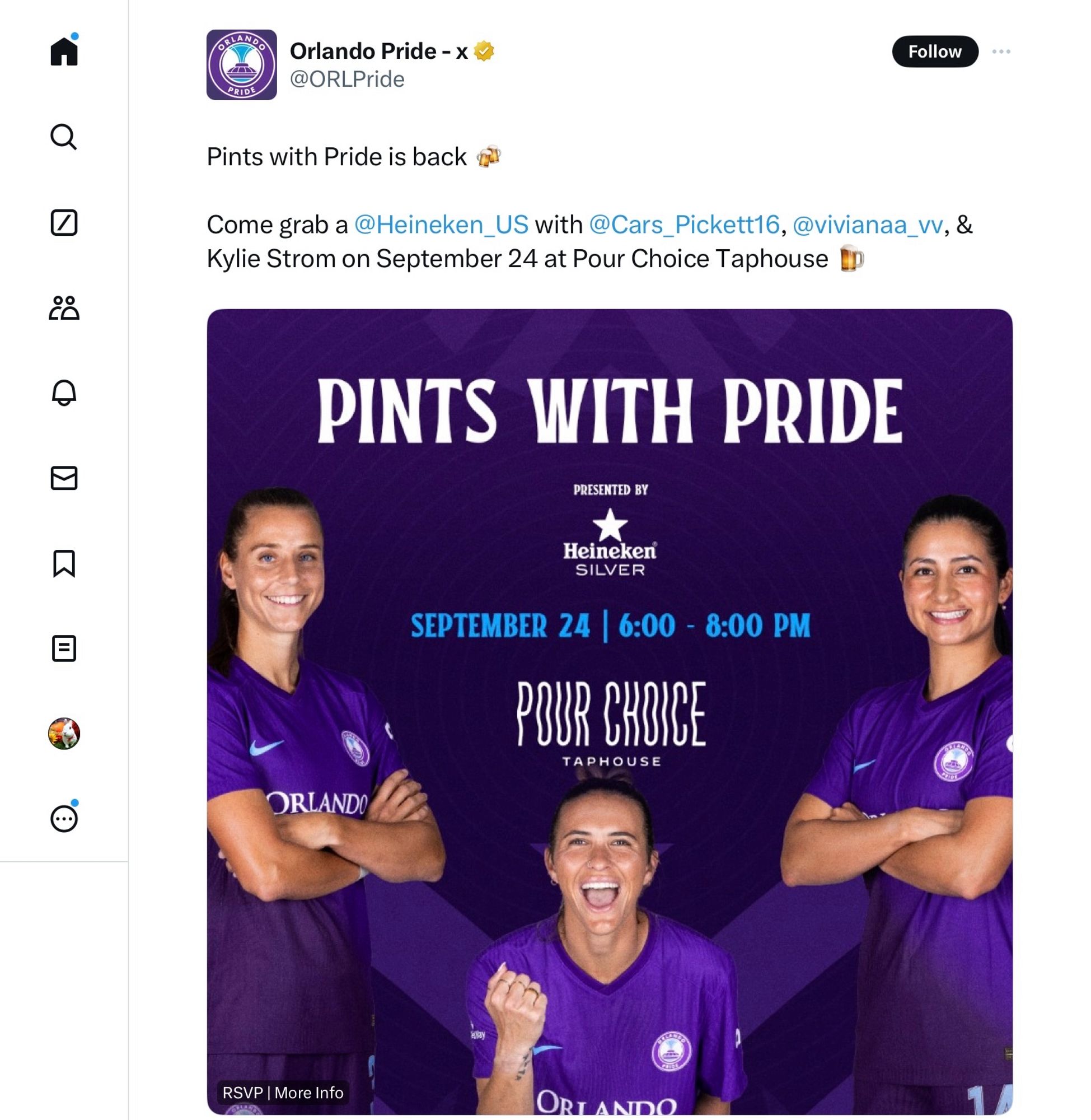 Pints with Pride is back 🍻 

Come grab a @Heineken_US with @Cars_Pickett16, @vivianaa_vv, & Kylie Strom on September 24 at Pour Choice Taphouse 🍺 

PINTS WITH PRIDE
PRESENTED BY
Heineken®
SILVER
SEPTEMBER 24 | 6:00 - 8:00 PM
POUR CHOICE
TAPHOUSE

https://www.facebook.com/events/854045620209421/