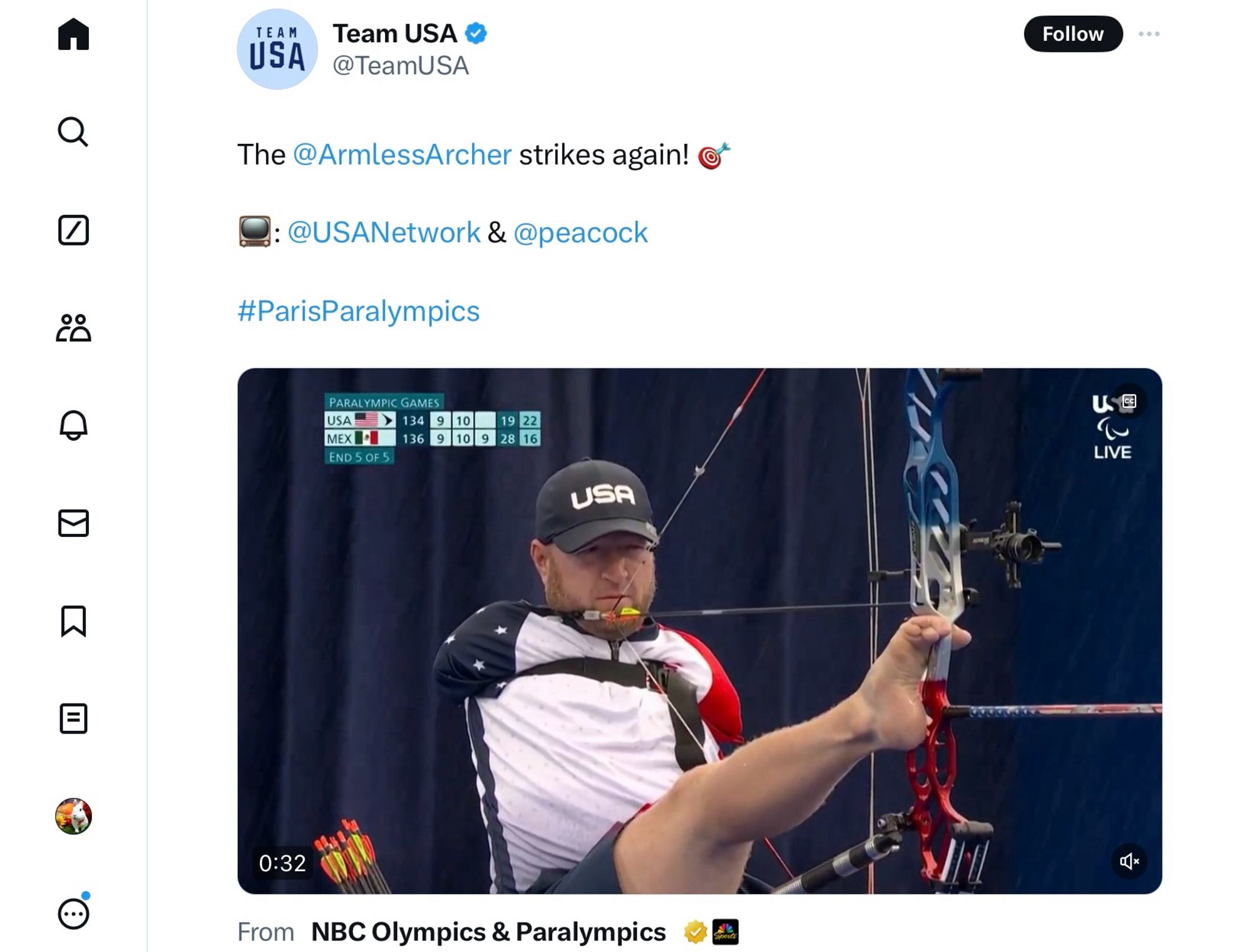 @TeamUSA

The @ArmlessArcher strikes again! 🎯

📺: @USANetwork & @peacock

#ParisParalympics

(Stutzman using his feet to aim and release an arrow)