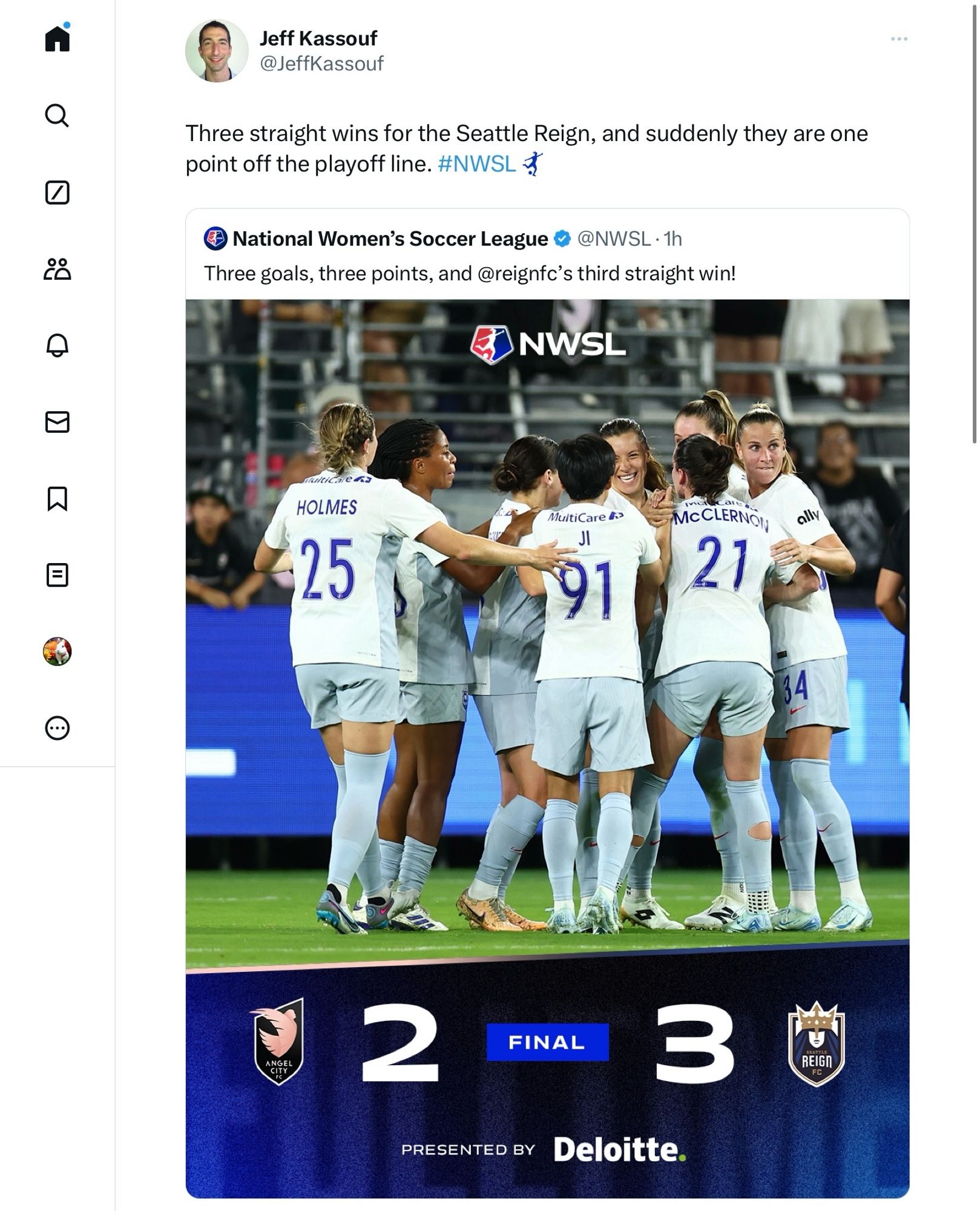 @JeffKassouf

Three straight wins for the Seattle Reign, and suddenly they are one point off the playoff line. #NWSL 

National Women's Soccer League @NWSL

Three goals, three points, and @reignc's third straight win!

NWSL

ANGEL CITY 2     FINAL     3 REIGN