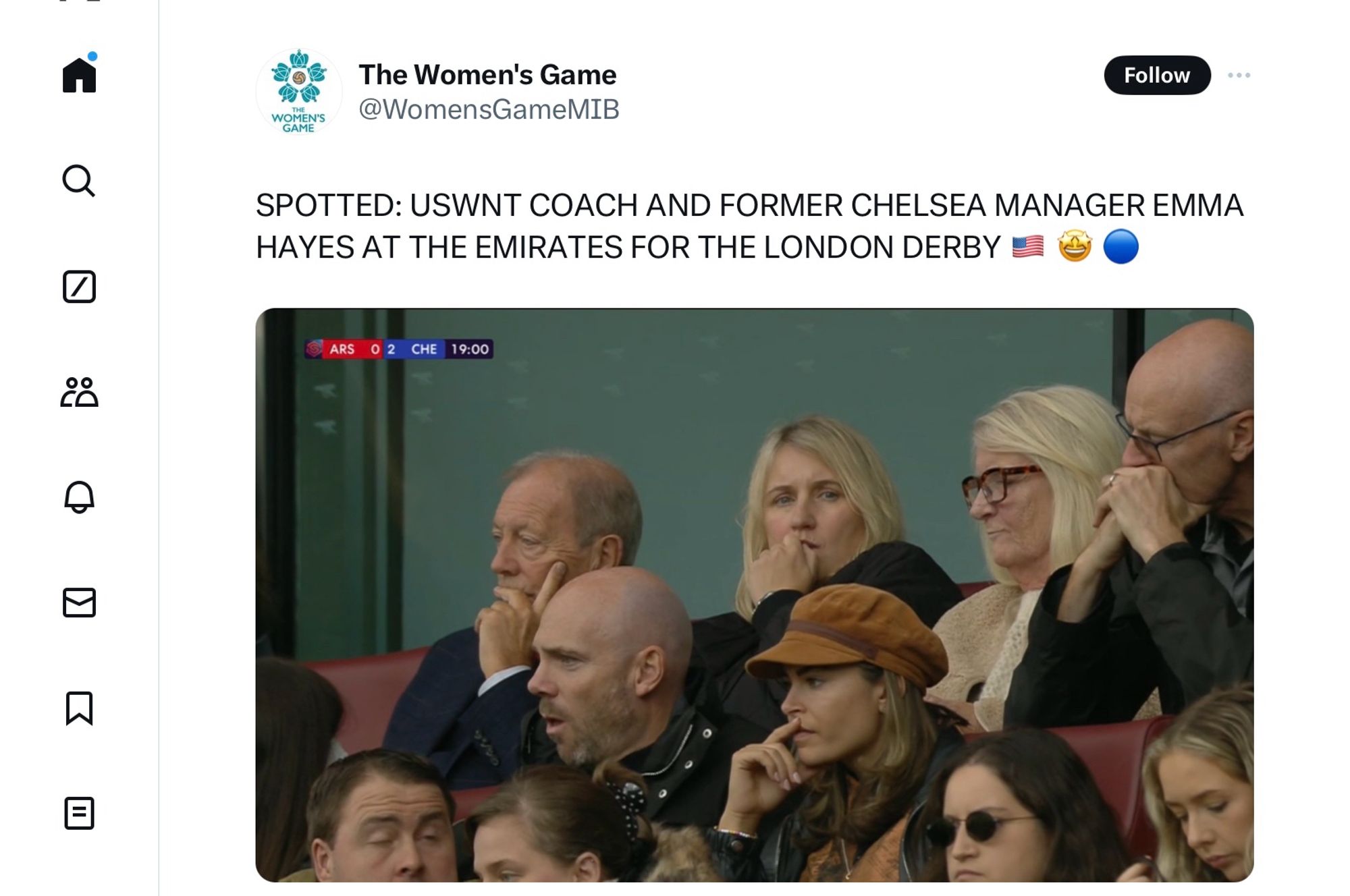 @WomensGameMIB

SPOTTED: USWNT COACH AND FORMER CHELSEA MANAGER EMMA HAYES AT THE EMIRATES FOR THE LONDON DERBY 🇺🇸🤩💙