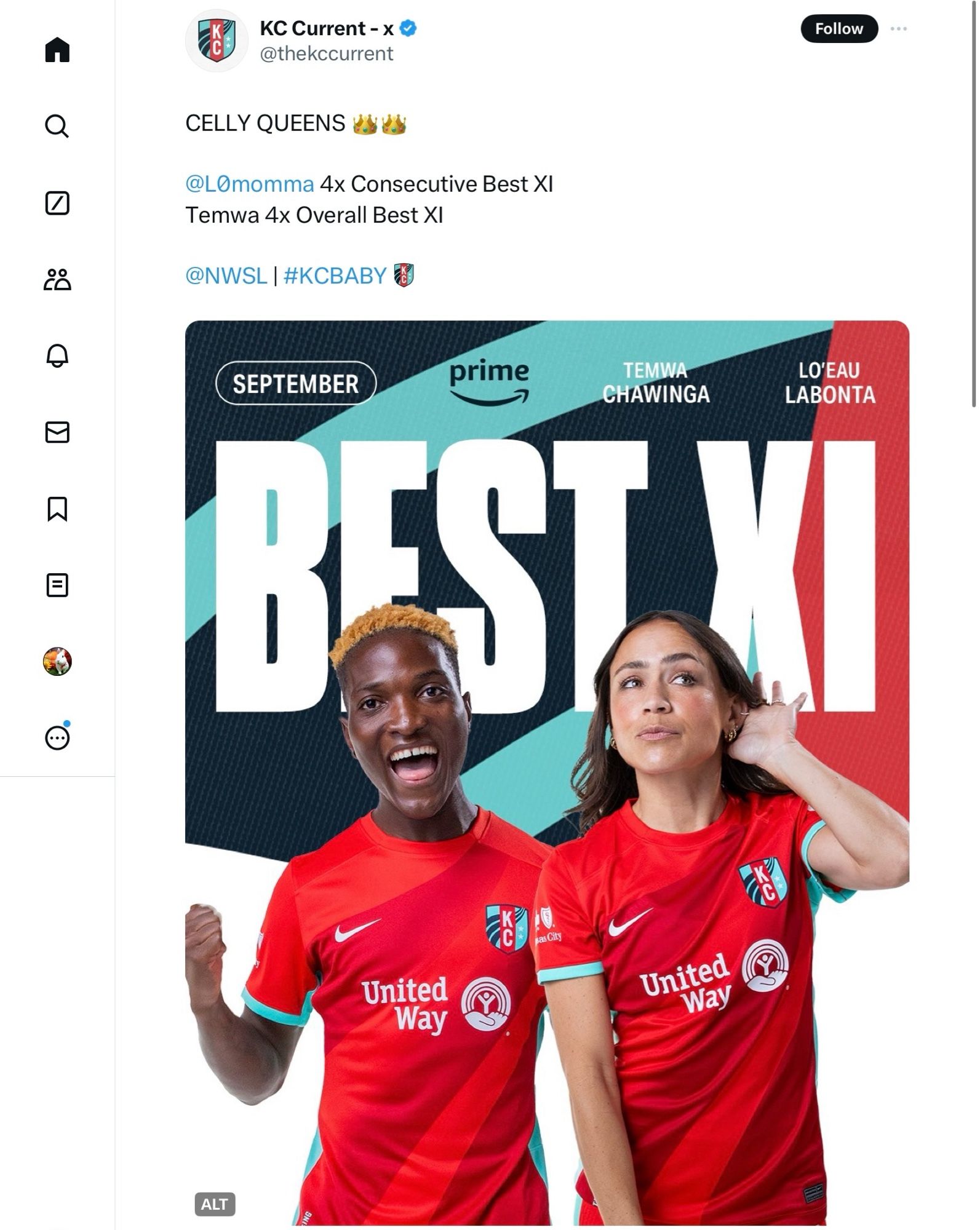 @thekccurrent

CELLY QUEENS 👑👑

@LOmomma 4x Consecutive Best XI
Temwa 4x Overall Best XI

@NWSL | #KCBABY

“September Best XI” presented by Prime with Chawinga and LaBonta winning the honors