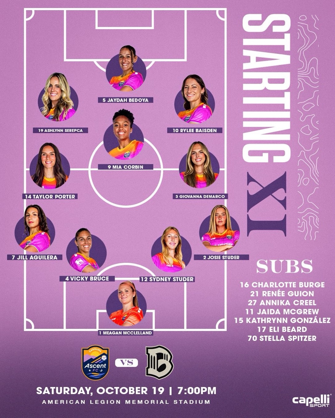 STARTING XI

JAYDAH BEDOYA
19 ASHLYNN SEREPCA
10 RYLEE BAISDEN
9 MIA CORBIN
14 TAYLOR PORTER
3 GIOVANNA DEMARCO
7 JILL AGUILERA
2 JOSIE STUDER
4 VICKY BRUCE
12 SYDNEY STUDER
1 MEAGAN MCCLELLAND

SUBS
16 CHARLOTTE BURGE
21 RENÉE GUION
27 ANNIKA CREEL
11 JAIDA MCGREW
15 KATHRYNN GONZÁLEZ
17 ELI BEARD
70 STELLA SPITZER

Ascent vs B

SATURDAY, OCTOBER 19 | 7:00PM
AMERICAN LEGION MEMORIAL STADIUM
