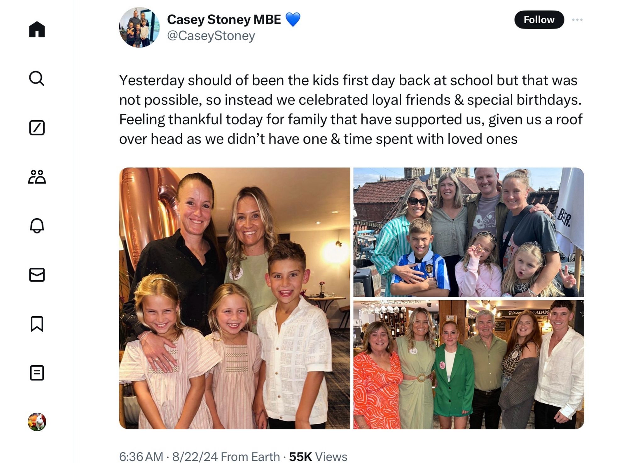 @CaseyStoney

Yesterday should of been the kids first day back at school but that was not possible, so instead we celebrated loyal friends & special birthdays.
Feeling thankful today for family that have supported us, given us a roof over head as we didn't have one & time spent with loved ones