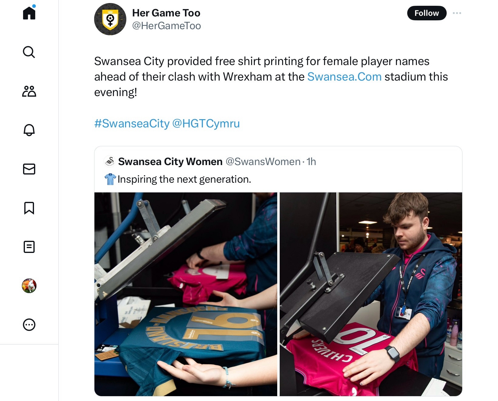 @HerGameToo

Swansea City provided free shirt printing for female player names ahead of their clash with Wrexham at the Swansea.Com stadium this evening!

#SwanseaCity @HGTCymru

Swansea City Women @SwansWomen • 1h

👕Inspiring the next generation.

Pictured 
Putting names on jerseys with a heat press