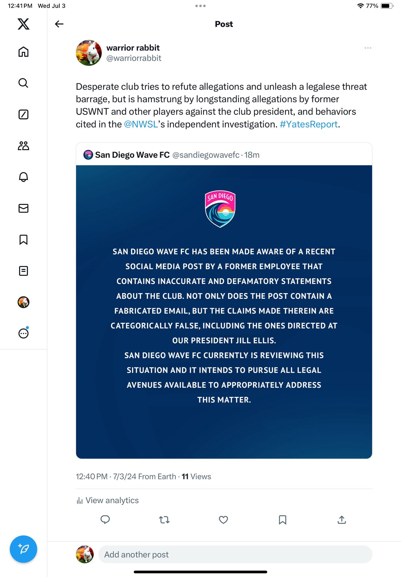 @warriorrabbit

Desperate club tries to refute allegations and unleash a legalese threat barrage, but is hamstrung by longstanding allegations by former USWNT and other players against the club president, and behaviors cited in the @NWSL's independent investigation. #YatesReport.