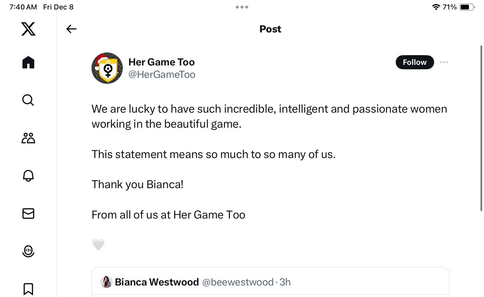 @HerGameToo

We are lucky to have such incredible, intelligent and passionate women working in the beautiful game.

This statement means so much to so many of us.

Thank you Bianca!

From all of us at Her Game Too
• Bianca Westwood @beewestwood
(Attached statement in next image)