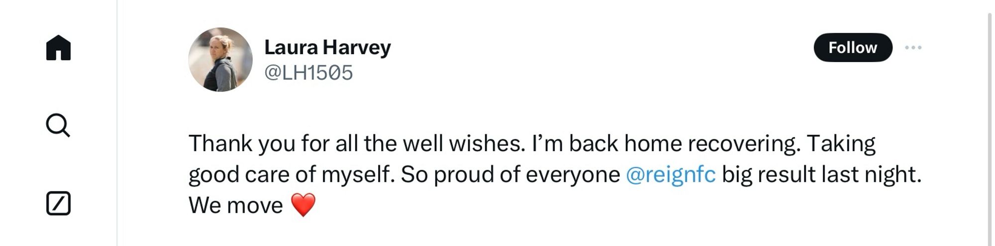 @LH1505

Thank you for all the well wishes. I'm back home recovering. Taking good care of myself. So proud of everyone @reignfc big result last night.
We move ❤️