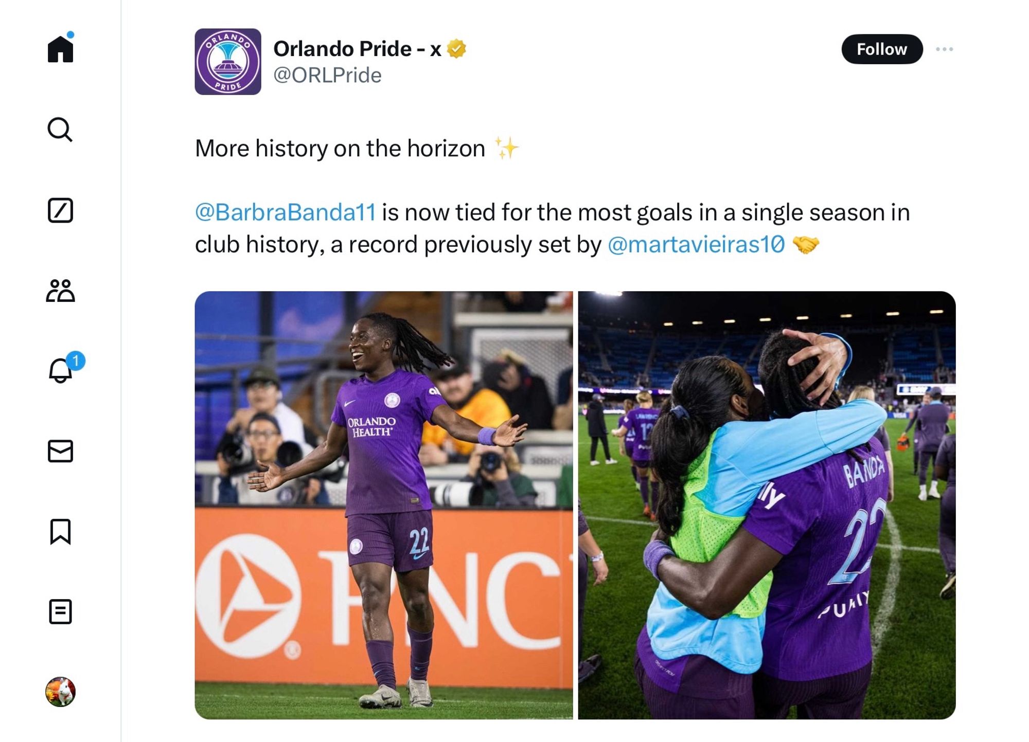 More history on the horizon ✨

@BarbraBanda11 is now tied for the most goals in a single season in club history, a record previously set by @martavieiras10 🤝