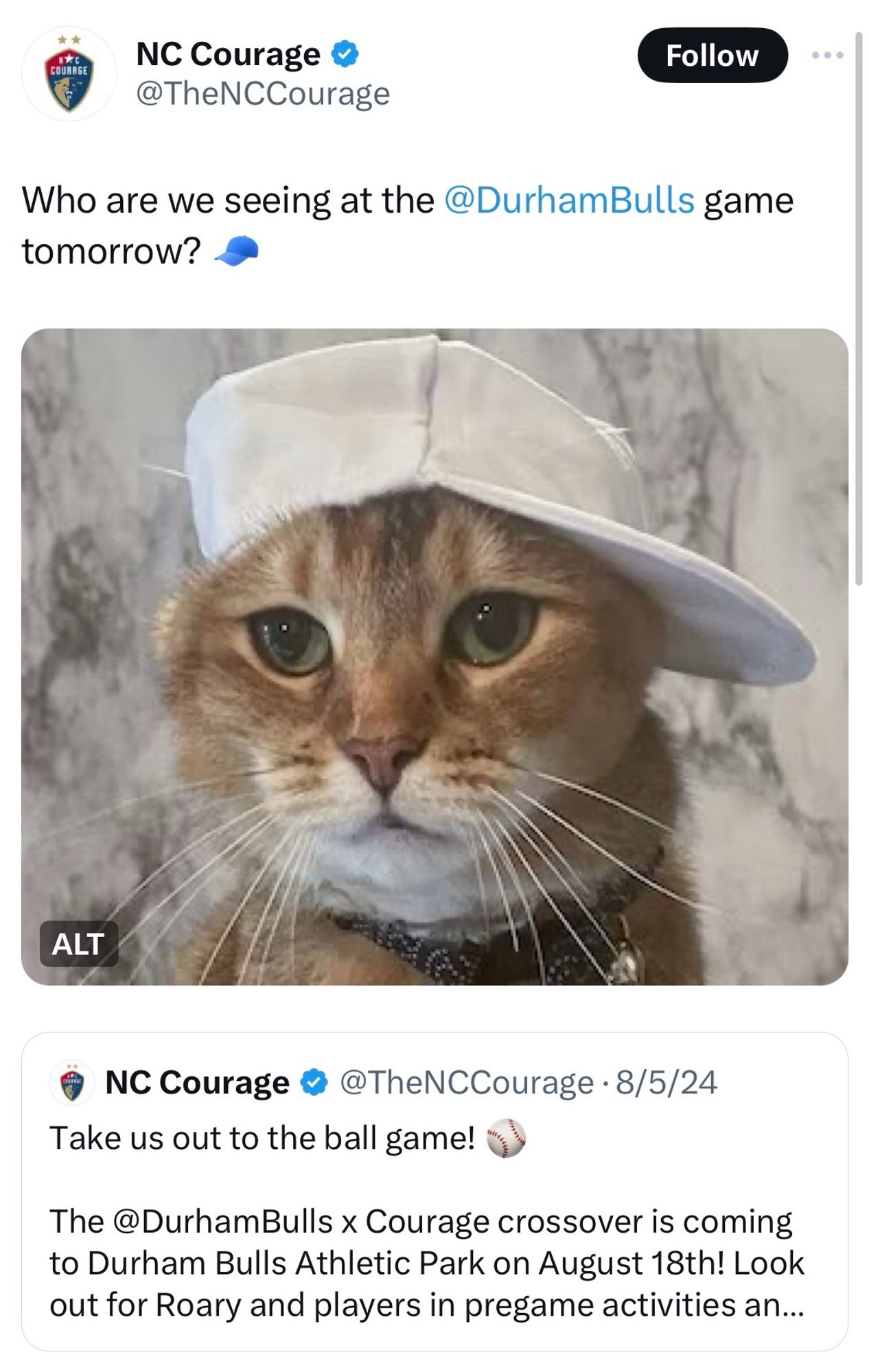 COURAGE
NC Courage & @TheNCCourage

Who are we seeing at the @DurhamBulls game tomorrow?

NC Courage @ @TheNCCourage

Take us out to the ball game! ⚾️

The @DurhamBulls x Courage crossover is coming to Durham Bulls Athletic Park on August 18th! Look out for Roary and players in pregame activities and in-game entertainment.