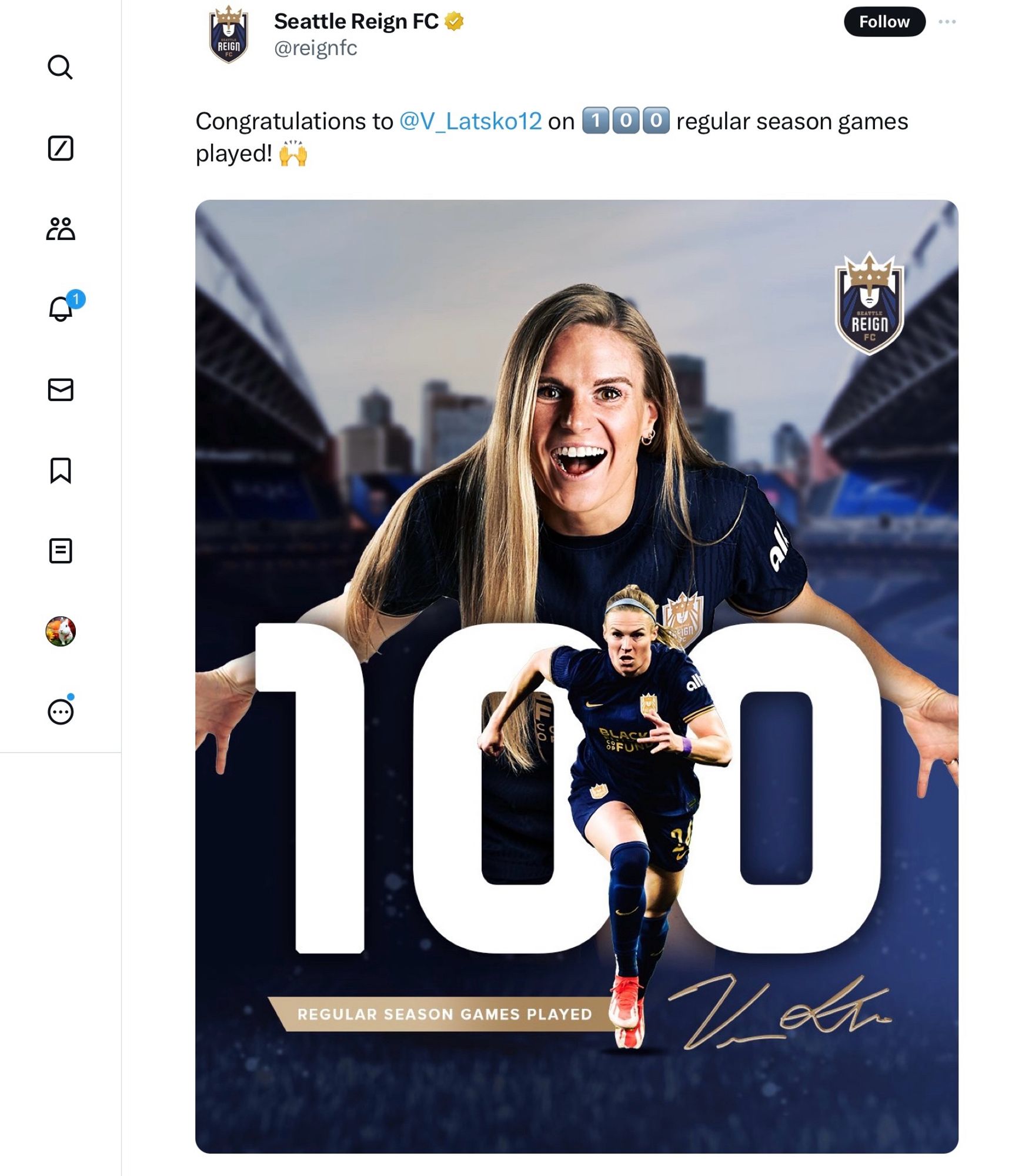 @reignfc

Congratulations to @V_Latsko12 on
1️⃣0️⃣0️⃣ regular season games played! 🙌

REIGN
FC

100
REGULAR SEASON GAMES PLAYED
(signature)