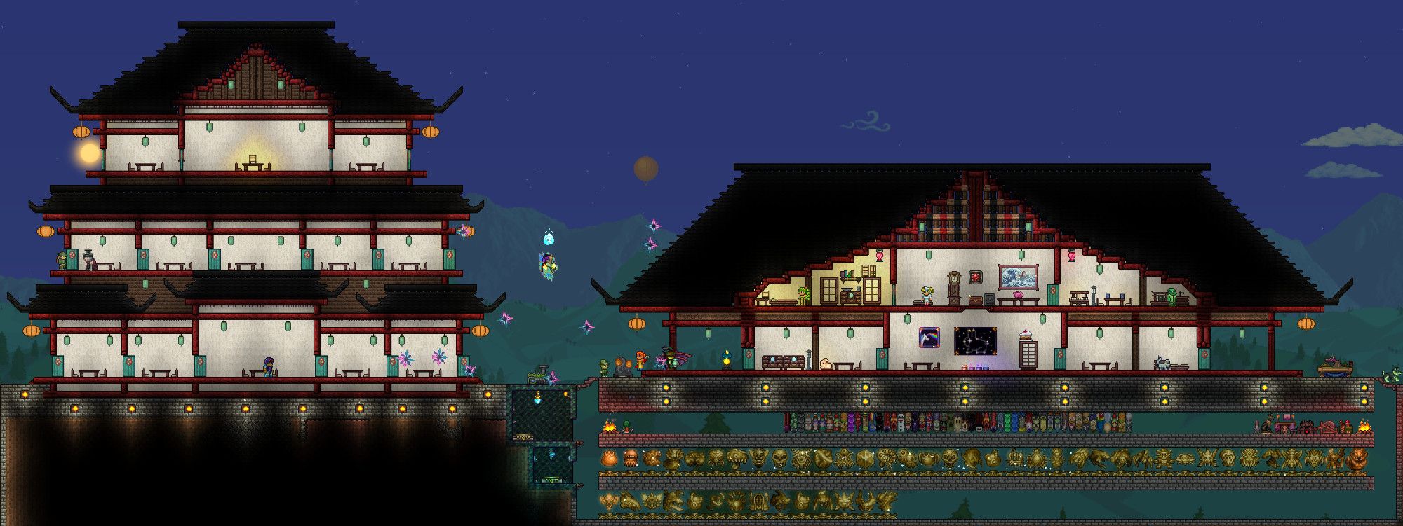 Two japanese style buildings built in terraria