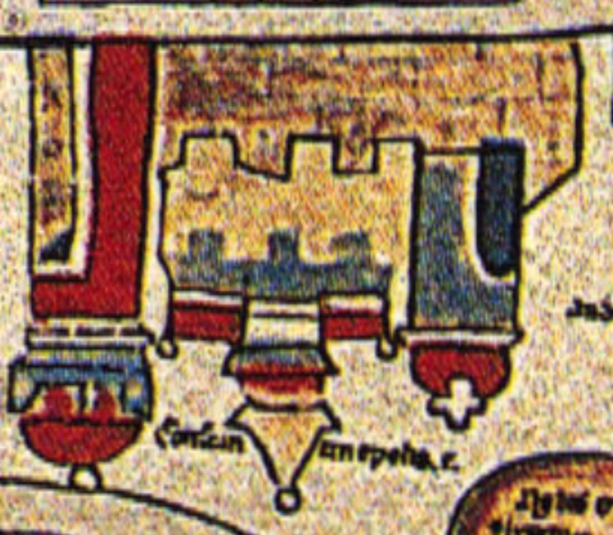 Detail from a replica of the Ebstorf map of a city labelled "Co(n)stantinopolis, c."