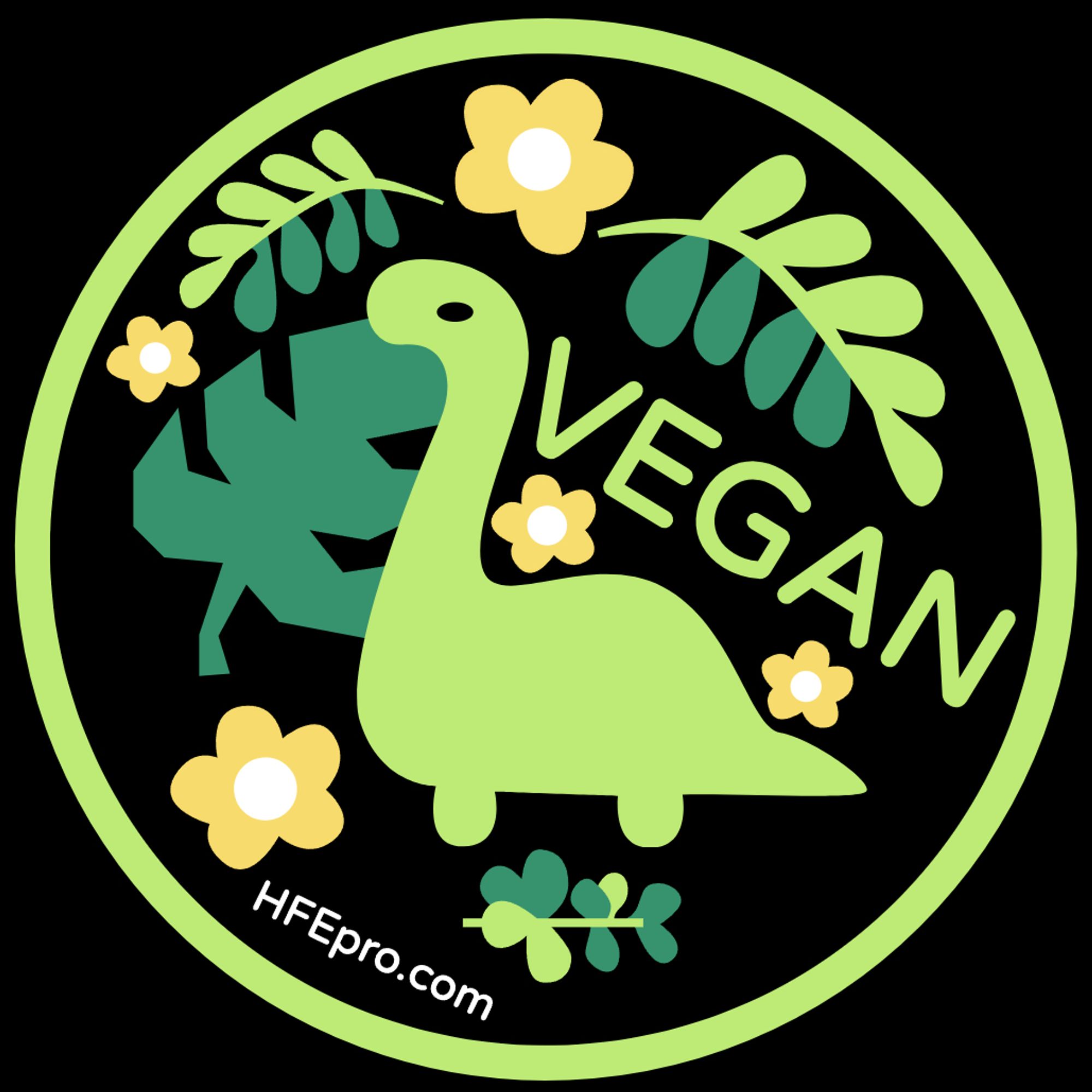 brachiosaurus eating a giant leaf, surrounded by leafy plants and yellow flowers. the word "vegan" is slanted over its back. black bkg surrounded by a lime green ring.