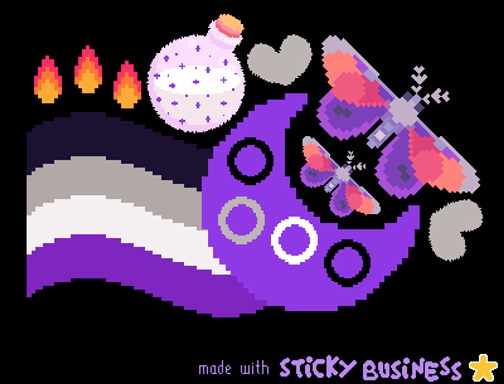 pixel art made in the game Sticky Business. a wavy ace pride flag with hearts, moths, flames, a sparkling white potion, and a purple moon with ace-colored rings.