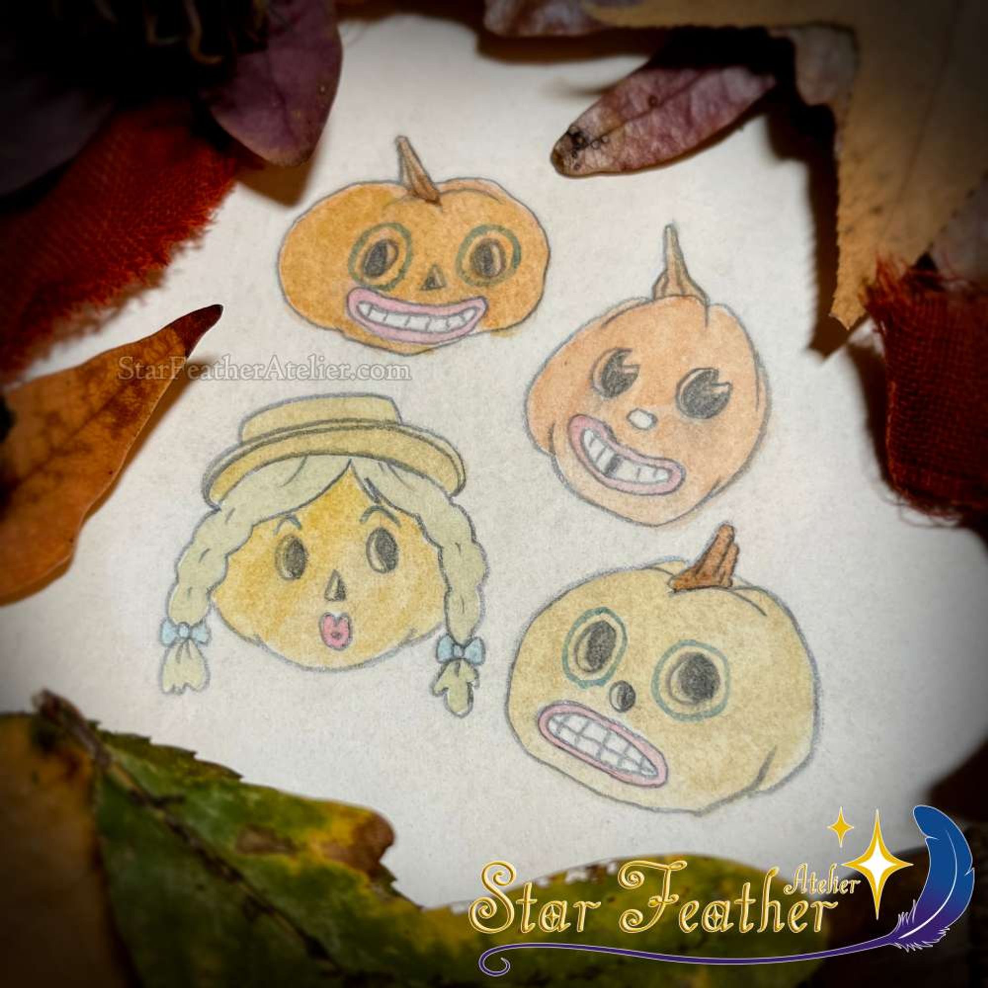 Photo of a watercolor painting featuring 4 jack-o-lanterns. The topmost jack-o-lantern is a bright orange pumpkin with circular eyes, a triangle nose, and a painted smiling mouth. The second pumpkin is a light orange, with pie-eye shapes for eyes, a white painted nose, and a painted smile with a gap tooth. The third pumpkin is yellow-orange with hair made of straw tied into two braid with blue ribbons. She is wearing a tan boater hat, and has wide eyes and painted red lips. The last pumpkin is yellow, with circular eyes, a circular nose, and a neutral mouth painted on. The painting is surrounded by autumnal foliage and decor.