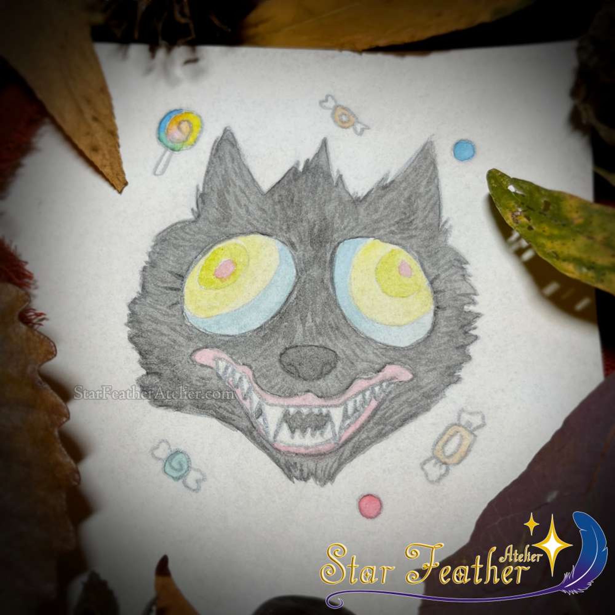 Photo of a watercolor painting featured the monster form of the dog from Over the Garden Wall. The dog has black fur, oversized multicolored eyes, and sharp teeth ringed with pinkish red lips. Surrounding the dog are various pieces of Halloween candy. The painting is framed by a collection of autumnal leaves and decor.