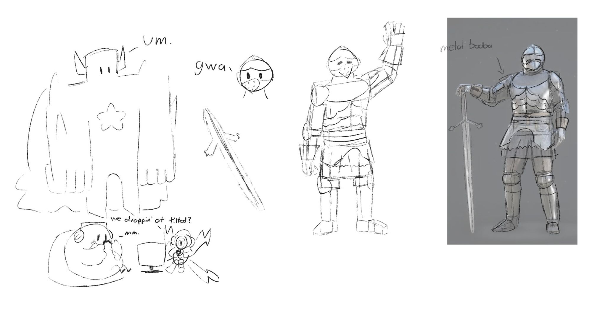 Various doodles of a knight from the Mordhau wiki, and then the Nightmare Knight, Noisemaster, and Mutemaster from Cucumber Quest