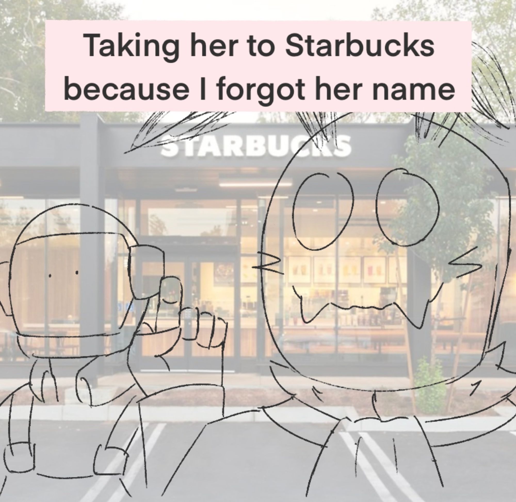 “Taking her to Starbucks because I forgot her name” is what the caption reads. Oskar looks at the camera with a grin while Kirium points at it.