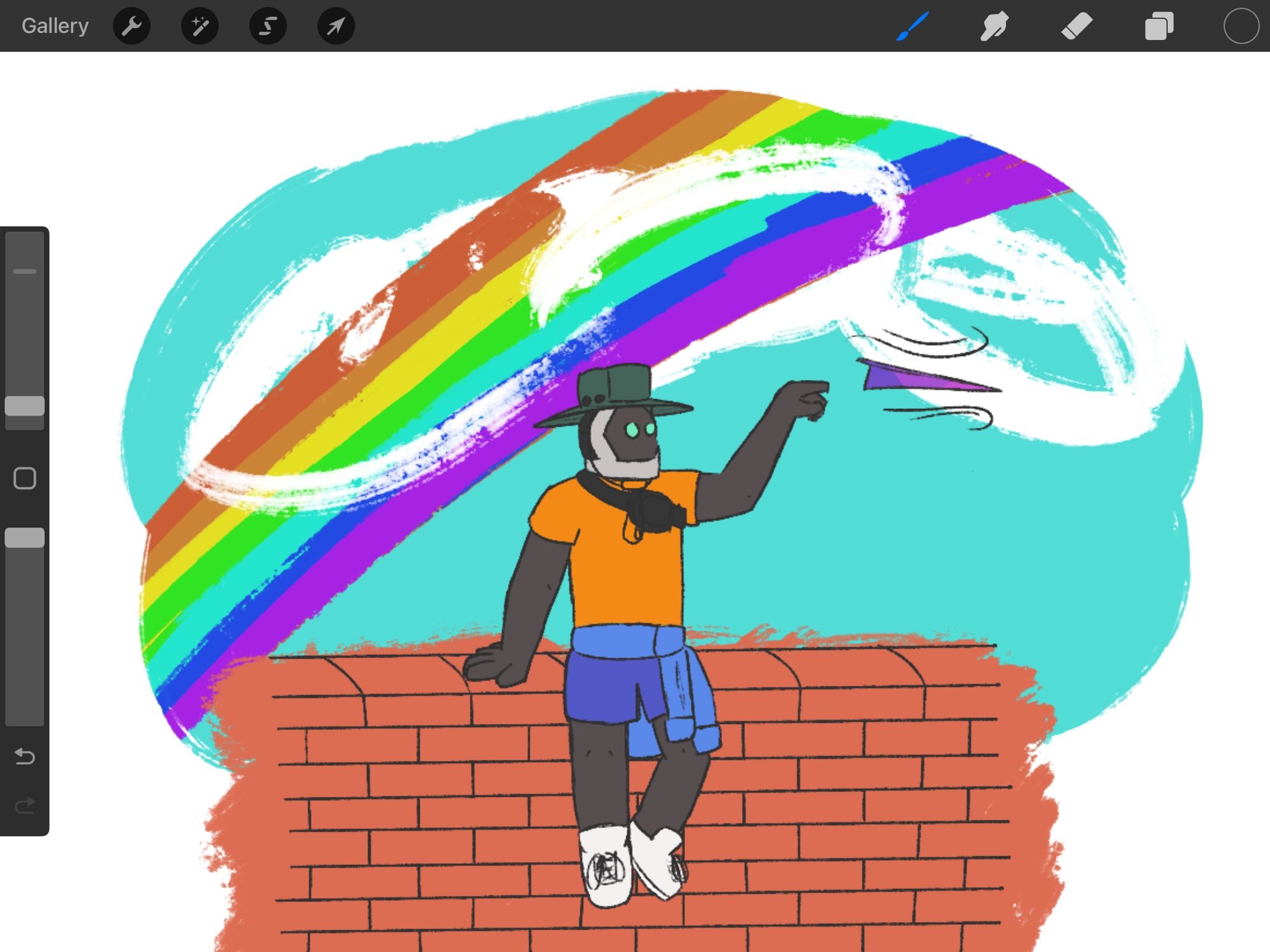 My robot sona sitting on a brick wall, who has recently thrown a paper airplane. The sky behind them holds clouds and a rainbow.