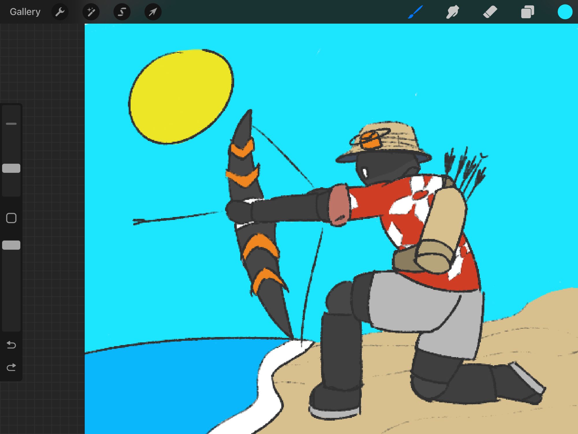 My ROBLOX character donning summer clothes and a bow, aiming at something in the waters.