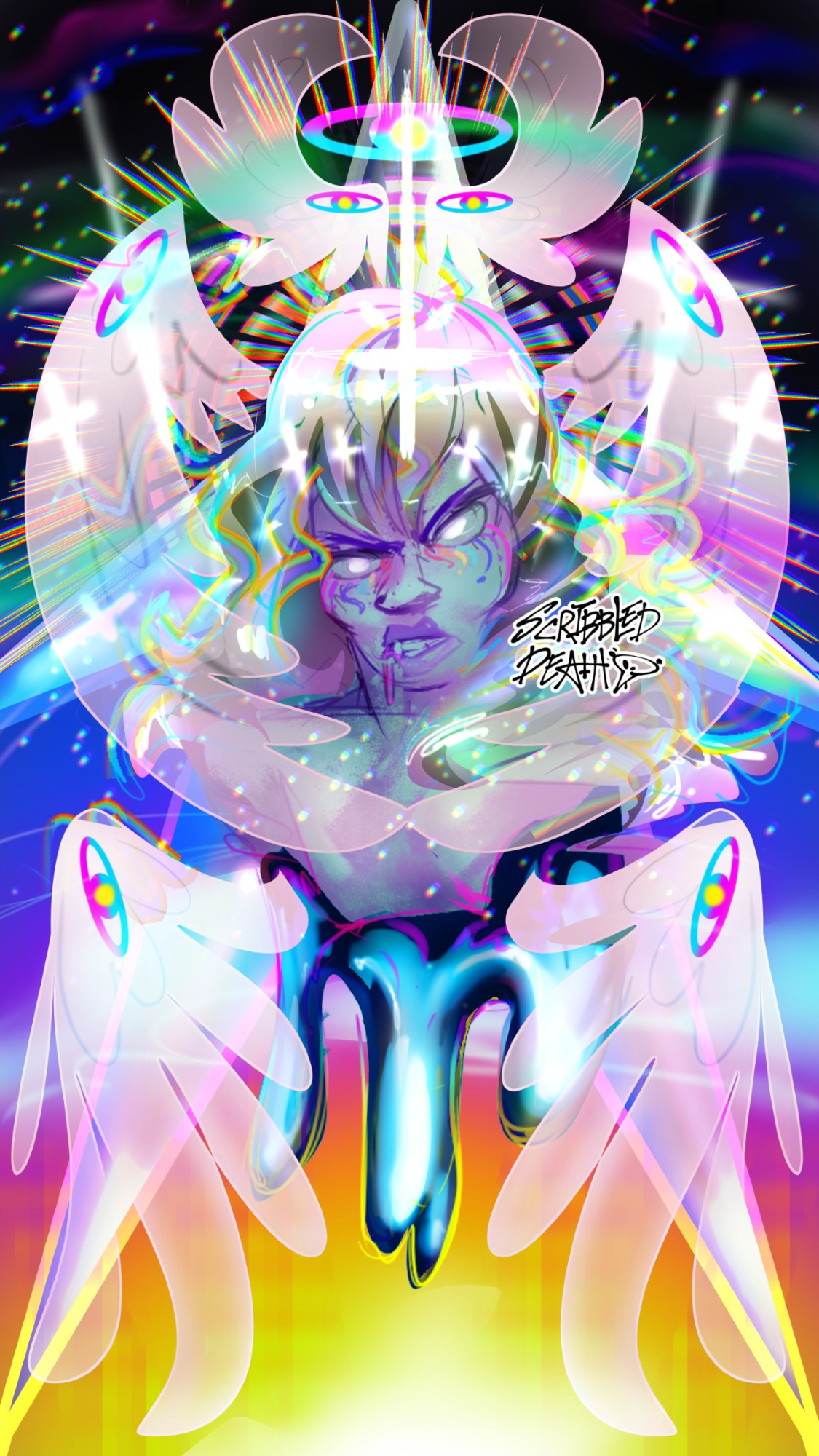 Head and torso of a human, their lower half oozes rainbow oil, their eyes cry rainbow tears. There's many many angel wings floating around them, some wings have eyes. Bottom to top rainbow color gradient in the background that morphs into a galaxy.