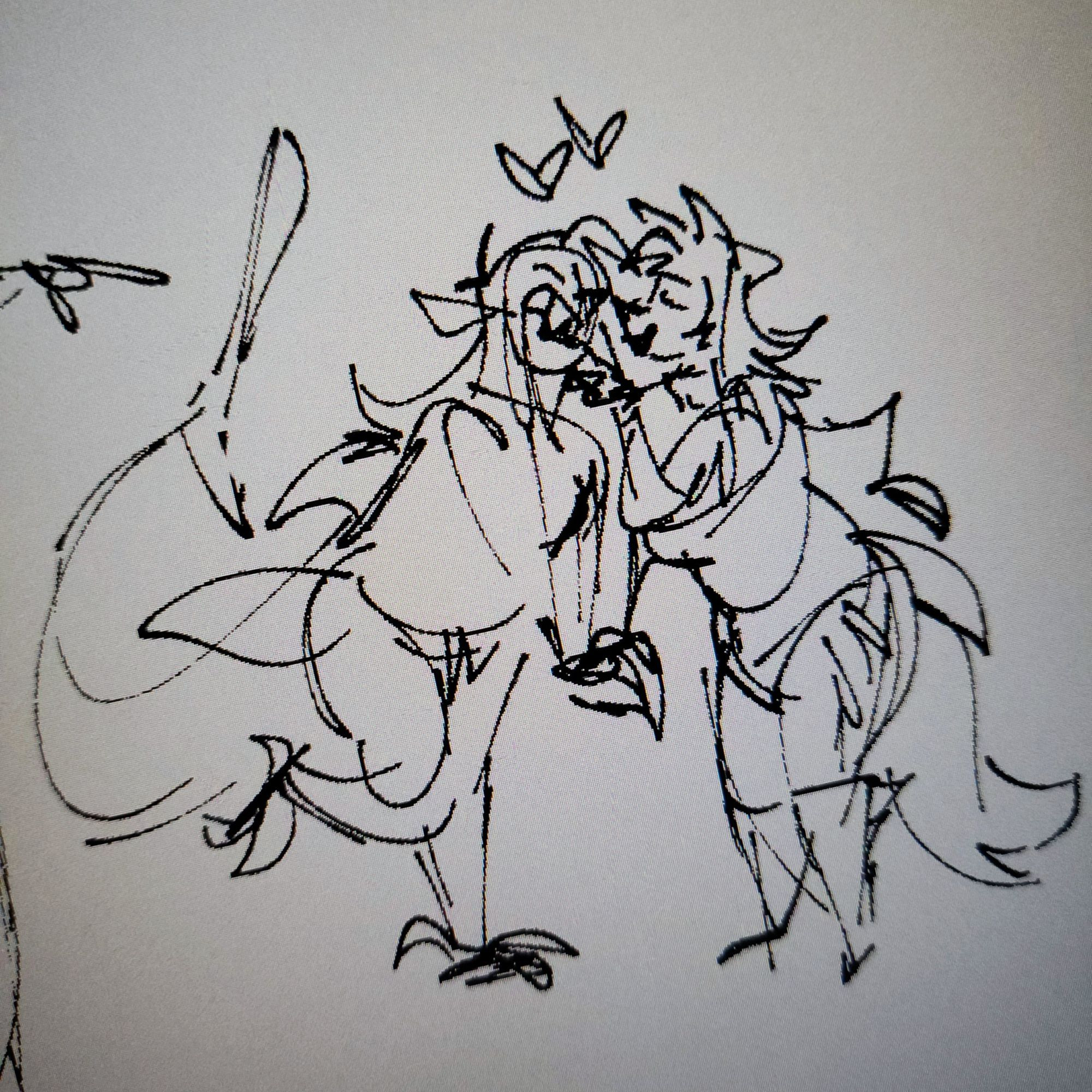 quicky messy doodle of my duo of characters in love, holding hands. They're in their half morphed animal bodies of shark and wolf. Sharkman is the tough guy who melts when he sees his wife , strong and fashionable wolfgal enjoys constantly flirting and being able to bench press her chubby shark husband.