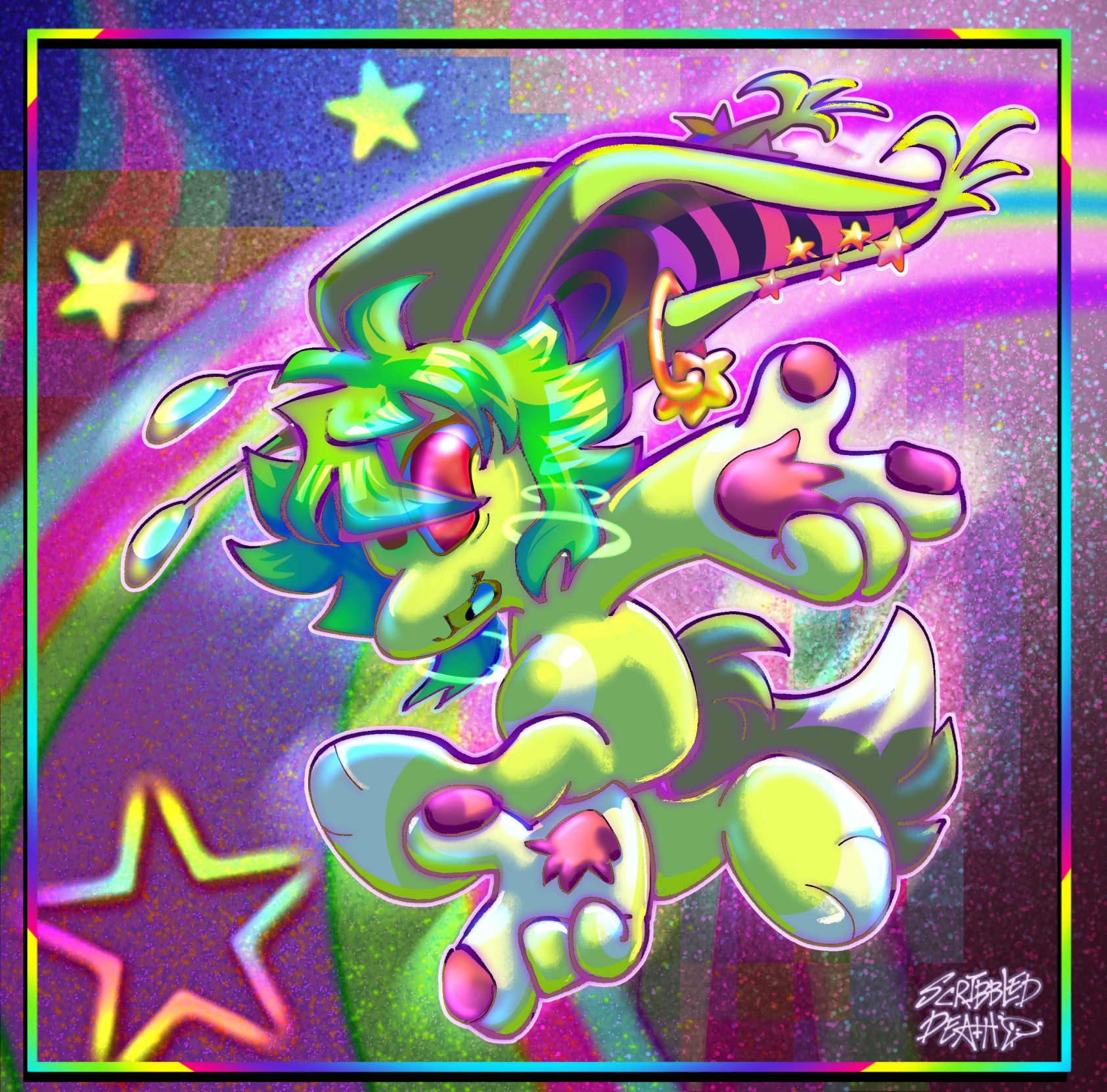 chibi art of an alien furry creature with long ears , tail and antenna, red eyes, pink soft paw pads on hand. They have a few gold star ear studs and the inner part of their ear is pink and black striped.
The background is sparkly rainbow abstract and stars with a thin pink, blue and yellow rainbow across the sky.
The character is posed in a jump with one hand pointing out behind it and the other arm under their extended legs, all criss cross cool.